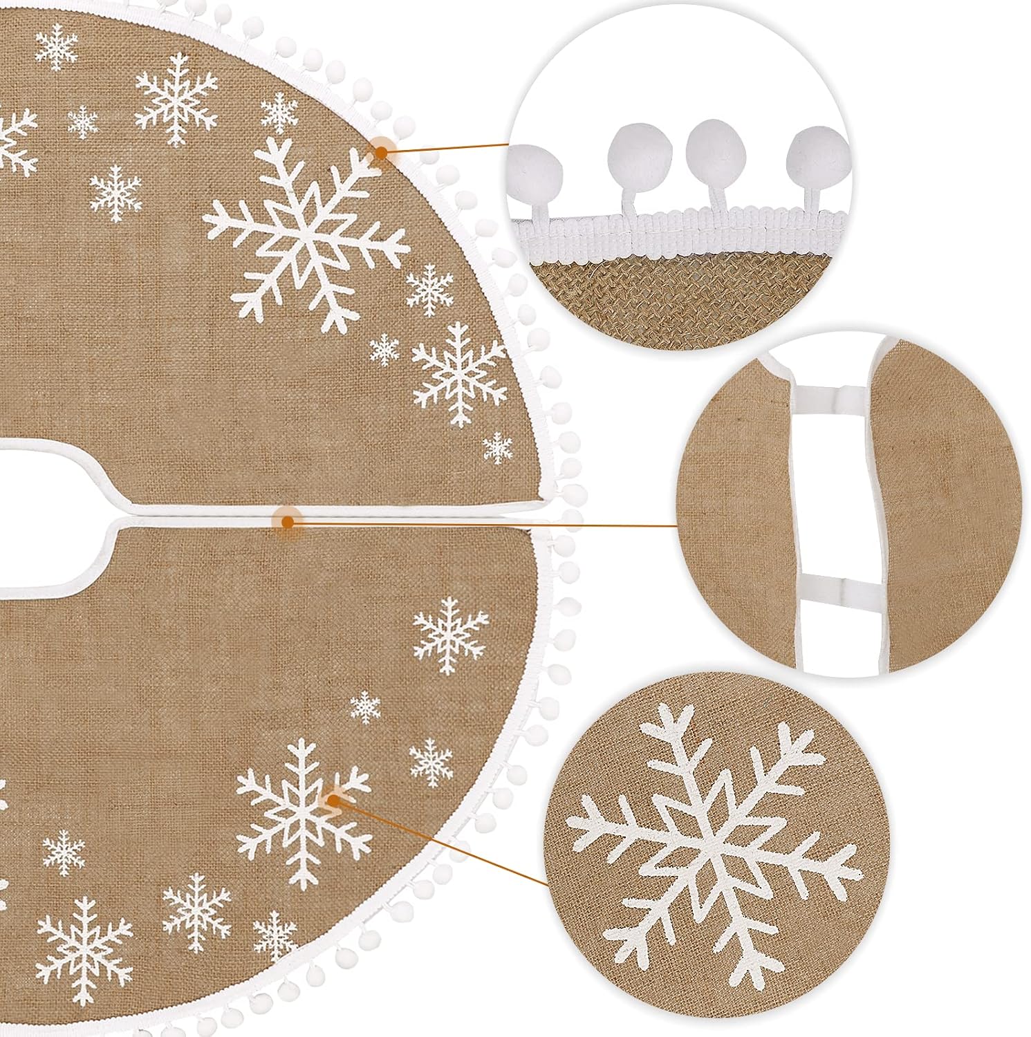 MACTING Christmas Tree Skirt, 30 Inch Small Burlap Tree Mat with White Large Small Snowflake Patterns Pom Poms for Holiday Party Indoor Home Christmas Tree Decorations