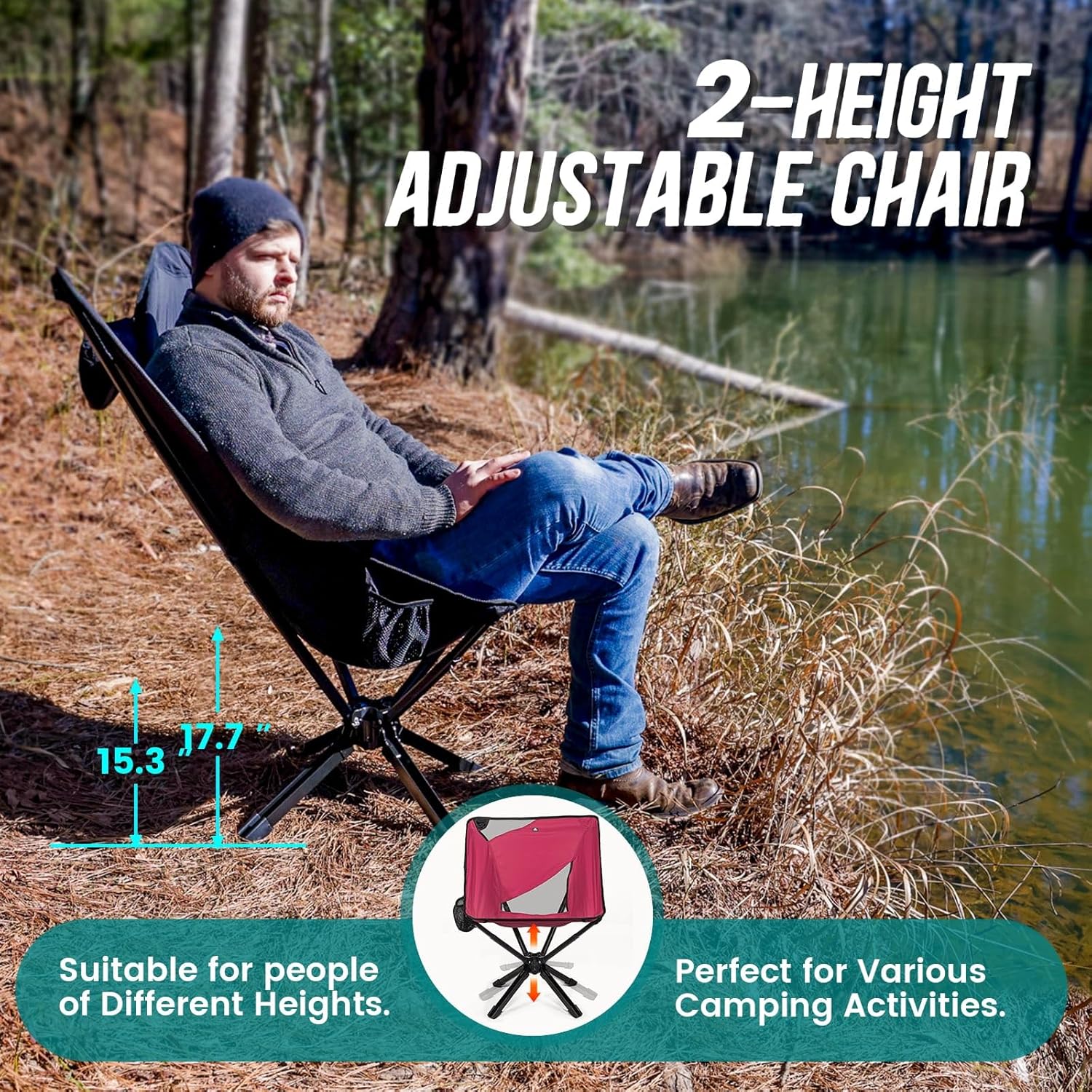 TCEK Adjustable Portable Camping Chair RiseLite Lightweight Compact Folding Chair for Adults, Collapsible Camp Chairs That Folds Up Small, Easy Carry for Travel, Outdoor, Sports, Backpacking, Hiking