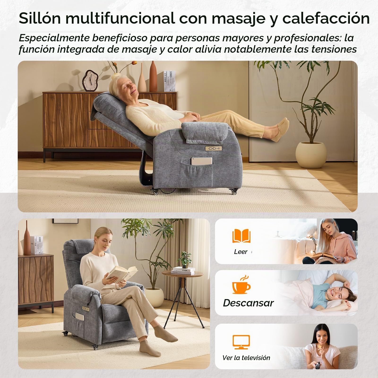 Bonnlo Sillón de relax, sillón de televisión, sillón de masaje eléctrico con función reclinable, sillón de TV, masaje de 6 puntos y función de calor, puertos USB-C y USB-A, 1 bolsillo lateral, tela de