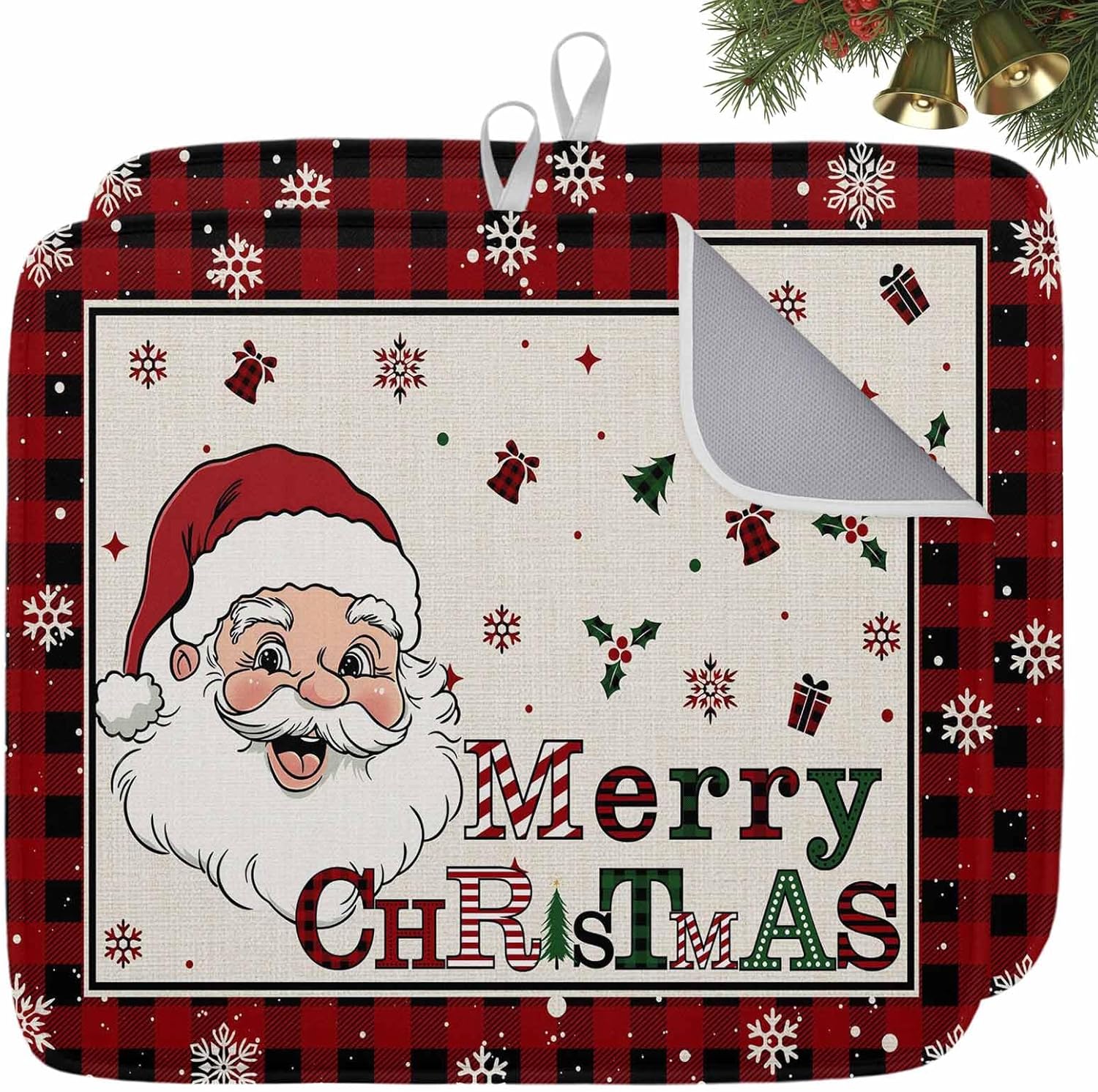Merry Christmas Words on Linen Dish Drying Mats for Kitchen Counter,Absorbent Microfiber Dish Drainer Rack Mat Santa Claus Red Black Plaid Drying Pad for Sinks,Utensils,Countertops,18x24in