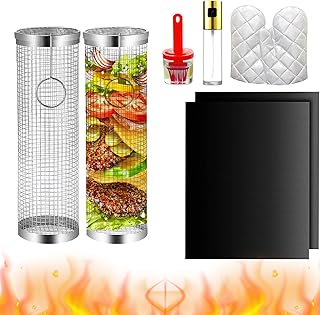 Grill Basket, 2 Pcs BBQ Rolling Grilling Baskets For Outdoor, Grill Mat Gloves, Cylinder Barbeque Mesh Steel Stainless, Portable Round Barbecue Net Rack, Picnic Vegetables Fish French Fries Meat Iron (8*3.5*3.5in)