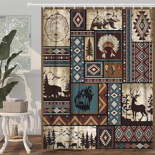 Miniatura 3 de Cortina de ducha rústica para decoración de baño estilo bohemio occidental, juego de cortinas estilo retro azteca del suroeste de nativos