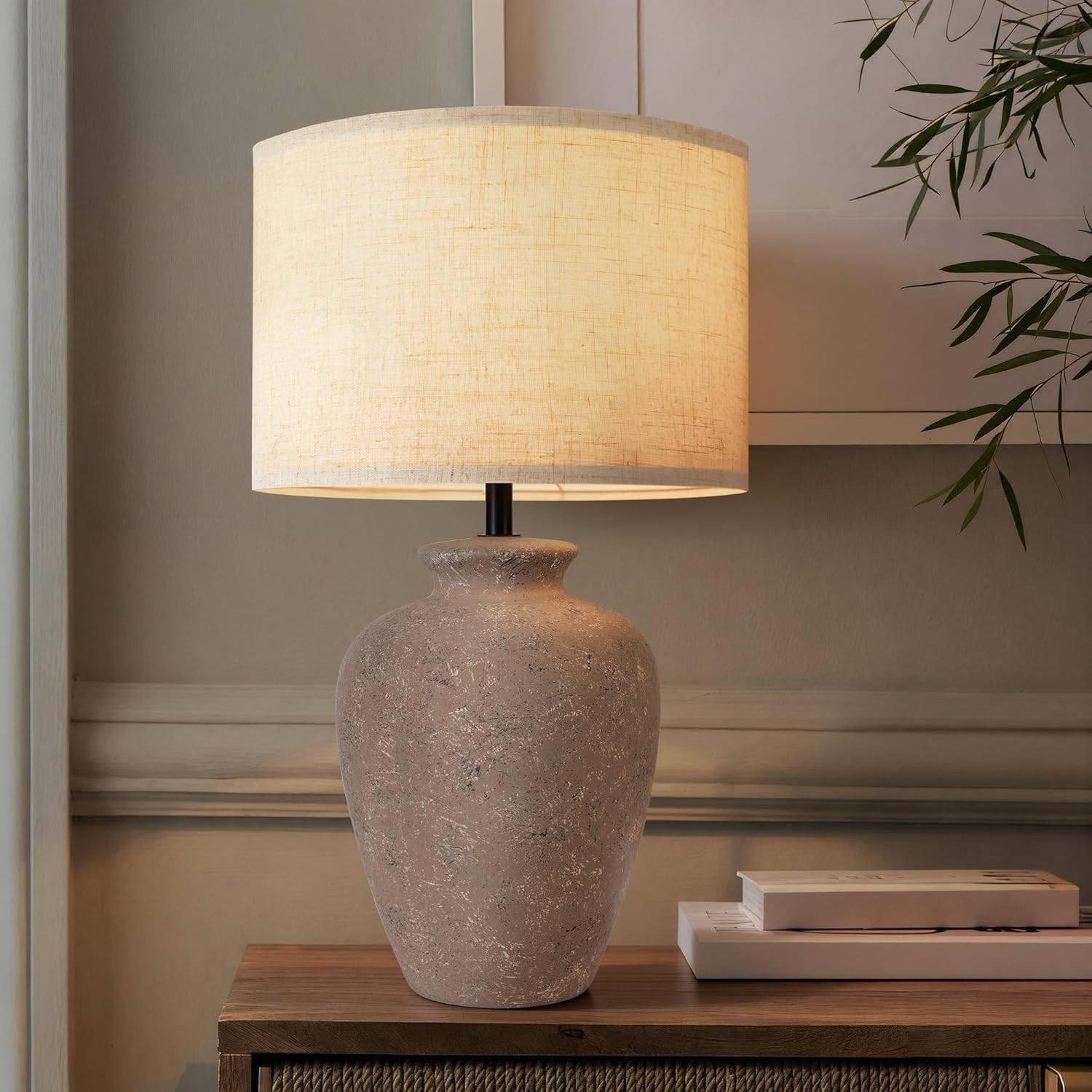 Ceramic Farmhouse Table Lamp for Living Room and Bedroom - Modern Earth Yellow Pottery Beside Lamps for Small Nightstand and Large Side Table - Rustic Round Stone Lighting Single with Beige Shade