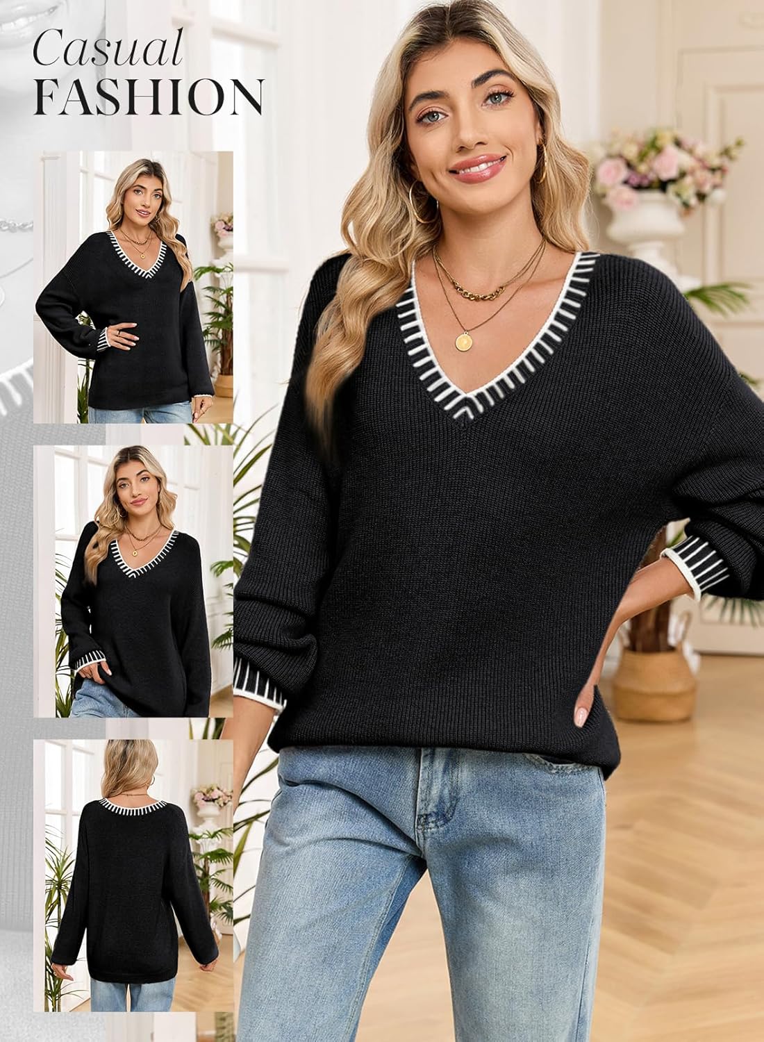 Dokotoo Womens Sweaters Casual V Neck Long Sleeve Contrast Knit Pullover Sweater Solid Fall Outfits Tops - Image 5