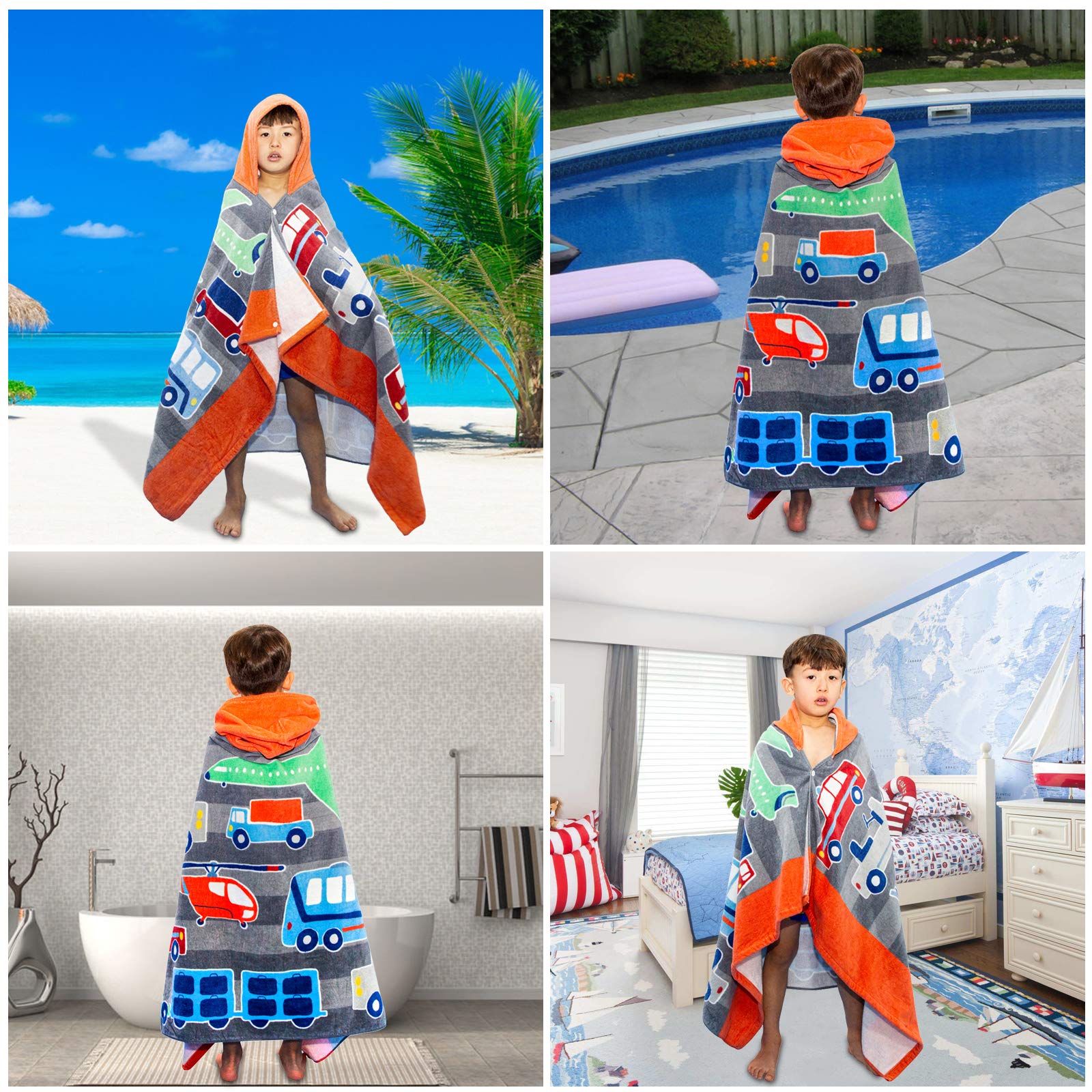 Serviette de bain à capuche pour enfants, 100 % coton, super douce et absorbante, motif dessin animé, pour la natation, le surf, le poncho de sport pour garçons et filles (avion)