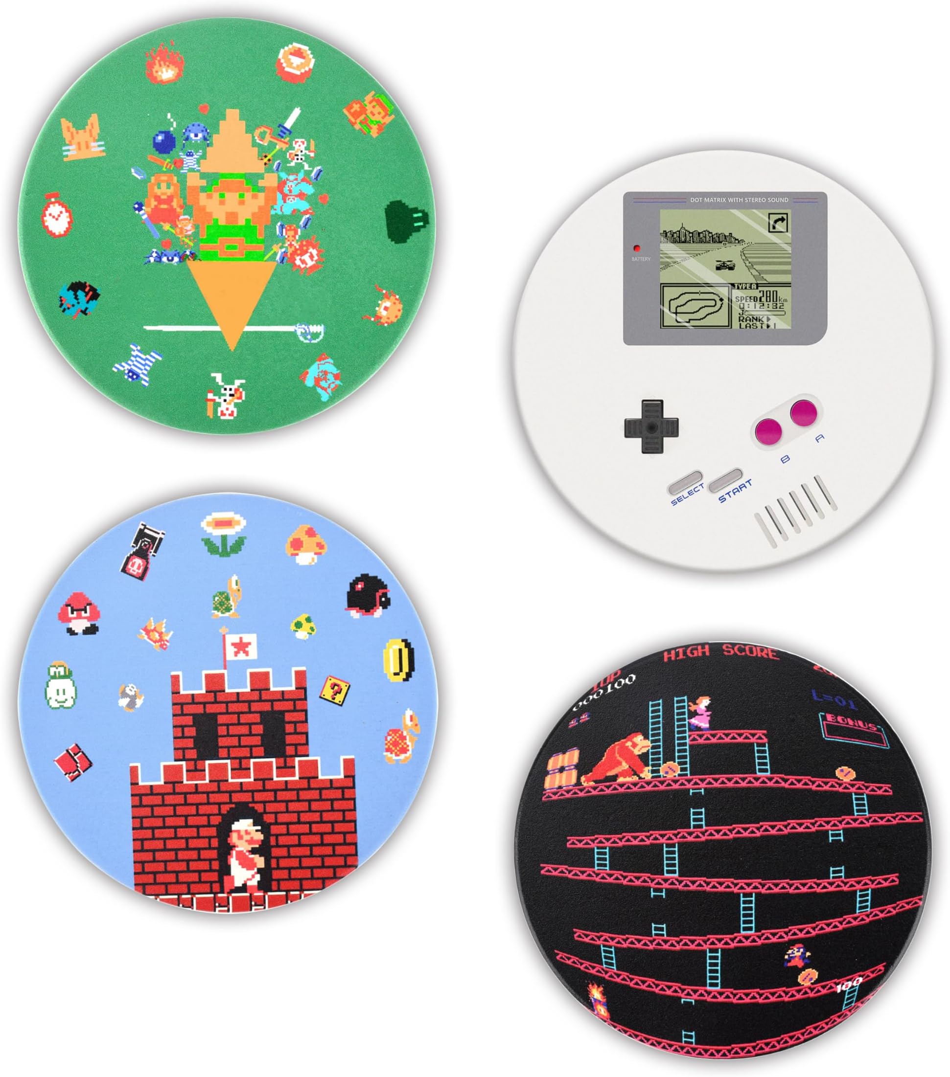 Retro Video Game Coasters (4 Pack) Round Ceramic Absorbent Coasters with Cork Base Retro Pixel Style Merch for Game Lovers Teens
