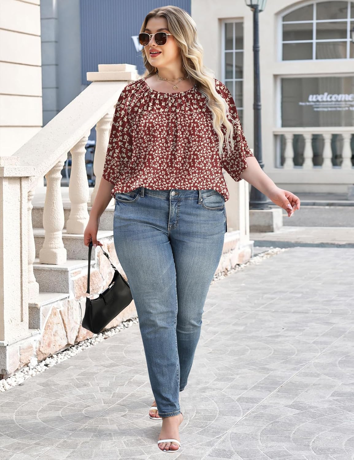 LOMON Womens Plus Size Tops Summer 3/4 Length Sleeve Crewneck Blouses Dressy Casual Loose Curvy Flowy Tunic Shirts 1X-5X - Image 2