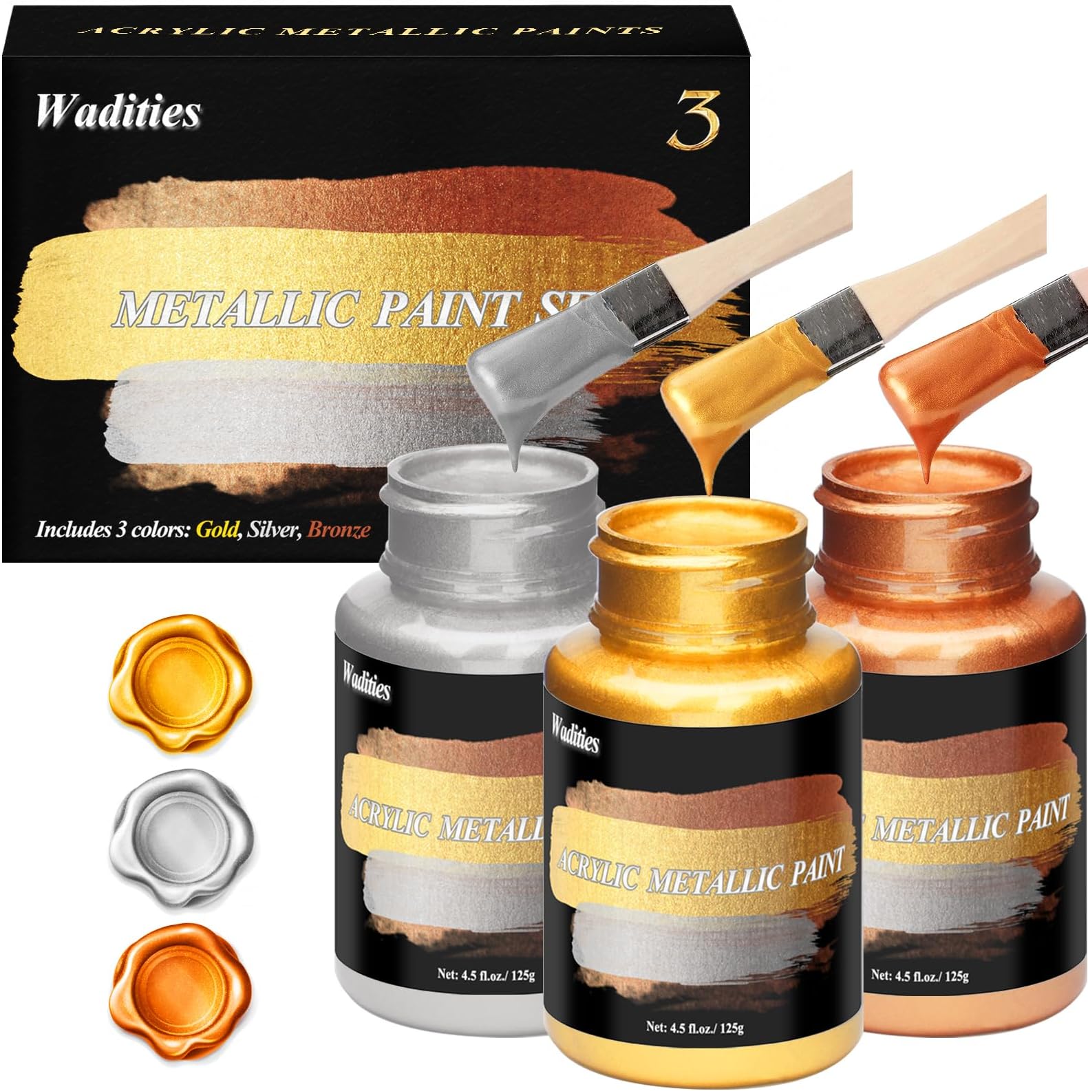 - Wadities Acrylic Paint Metallic, 3pcs 13.5oz(375g) Gold & Silver & Bronze, Gold Leaf Paint for Art Painting, Ideal for Canvas, Wood, Clay, Fabric, Ceramic, Stone, Glass Craft Supplies