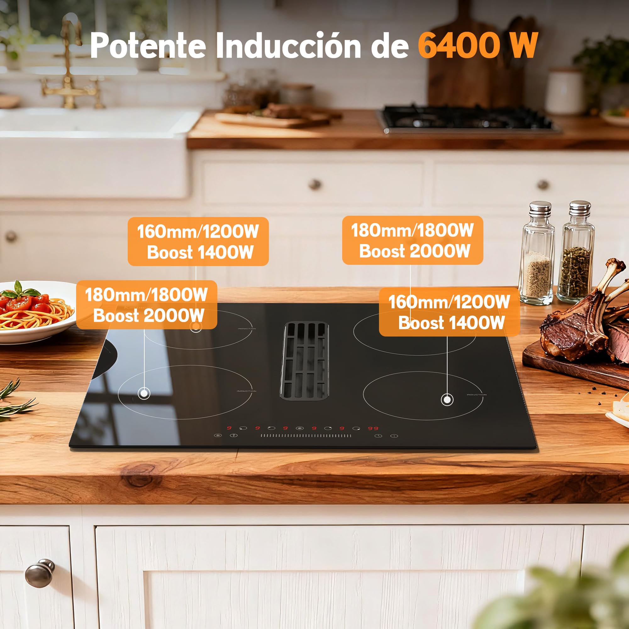 Karinear Placa Inducción 4 Fuegos con Extractor Integrado, Empotrable 60cm | Temporizador, Función Boost, Placa de Inducción de 6400 W con Extracción de 135 W, 220-240 V, sin Enchufe