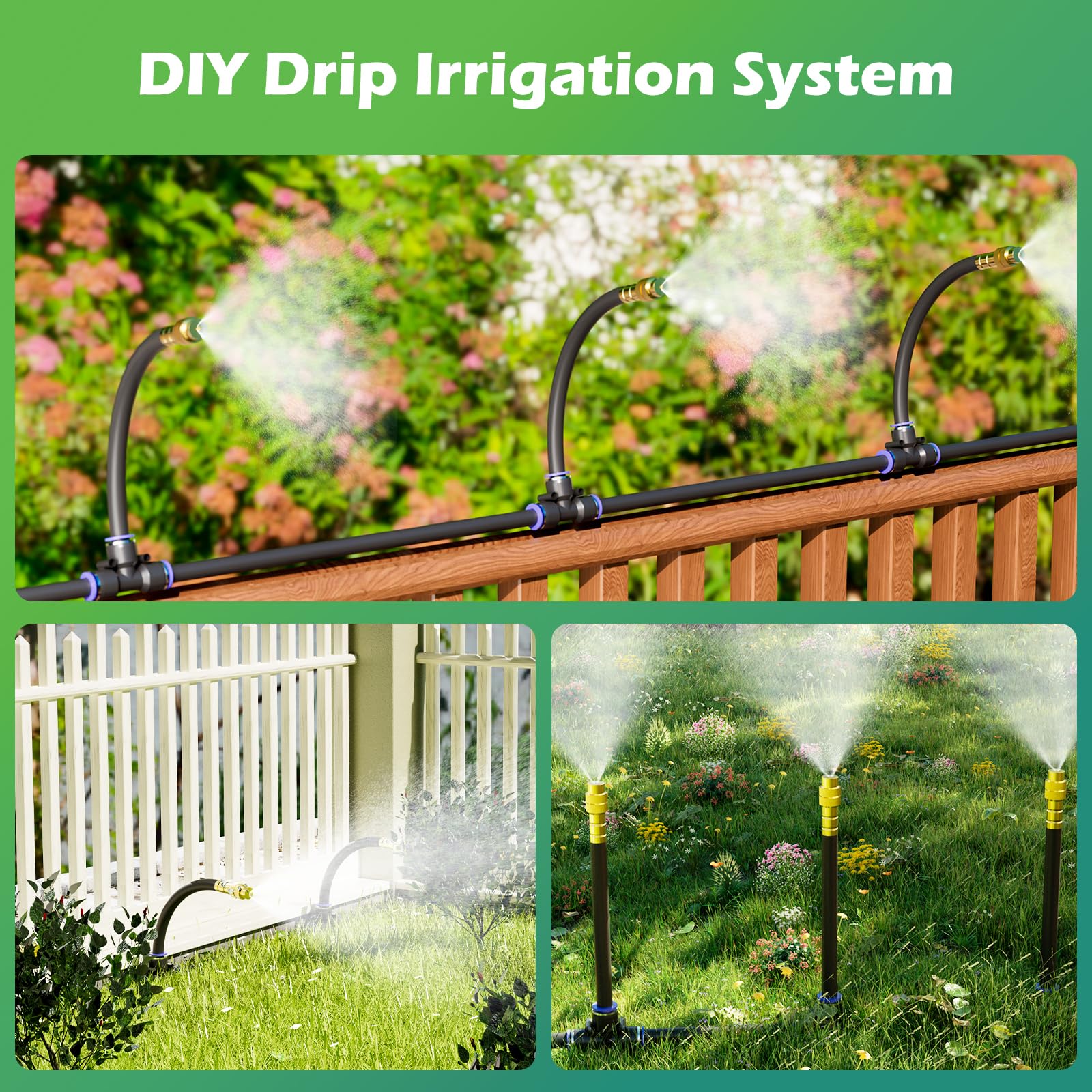 Sistema di irrigazione a goccia da 30 m con 32 ugelli, regolabile a 360°, sistema di irrigazione da giardino pieghevole per serre, cortile, prato, piante, giardino, tubo da 1/4"