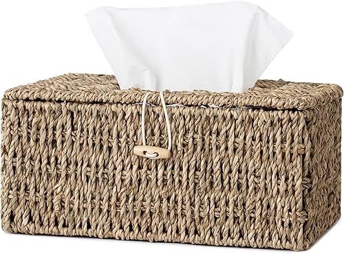 StorageWorks Funda de mimbre para caja de pañuelos, soporte para pañuelos faciales de hierba marina, soporte para caja de pañuelos con tapa, soporte