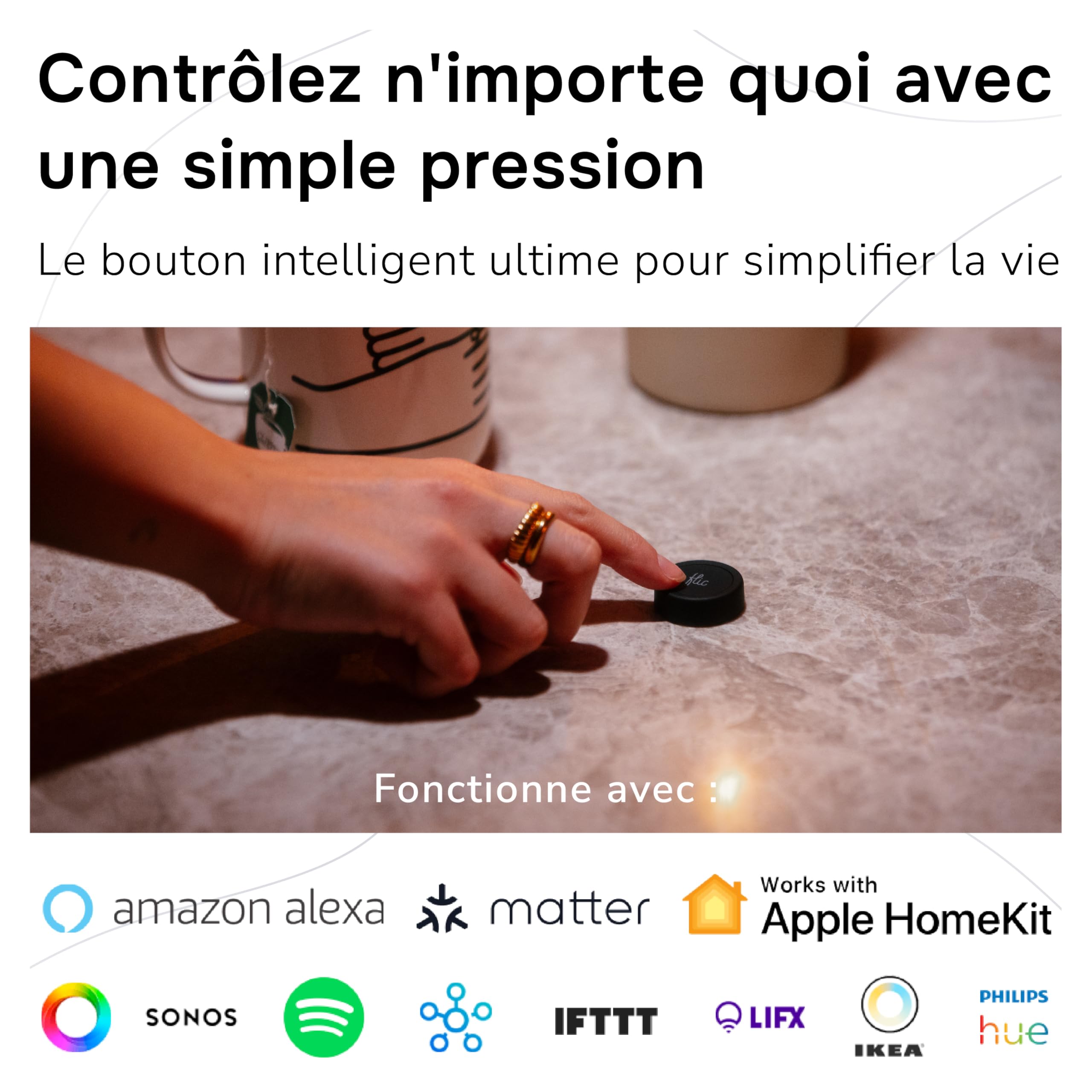 Flic 2 boutons intelligents – 1 pièce Flic 2 touche – Bouton Smart Home Control – Fonctionne avec Hue, LifX, IKEA Trådfri, Sonos, Spotify, IFTTT, HomeKit et bien plus encore