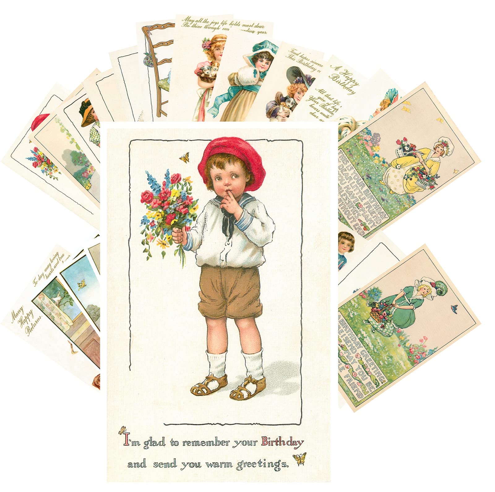 PIXILUV Vintage Postcards 24 pcs Happy Birthday Cute Kids with Flowers and Poems Wishes Retro Cards REPRINT