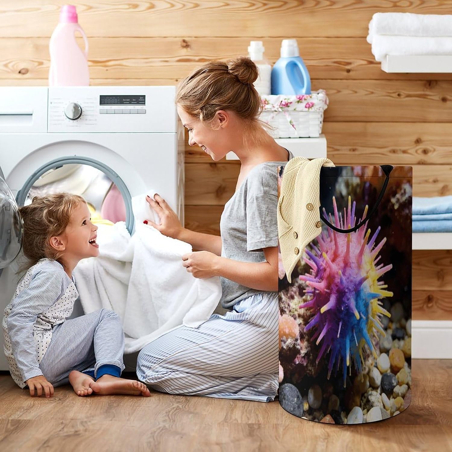Colorful Sea Urchin Laundry Hamper 86L Waterproof Collapsible Clothes Basket with Double Handles Freestanding Foldable Laundry Basket Large Clothes Hamper for Bathroom