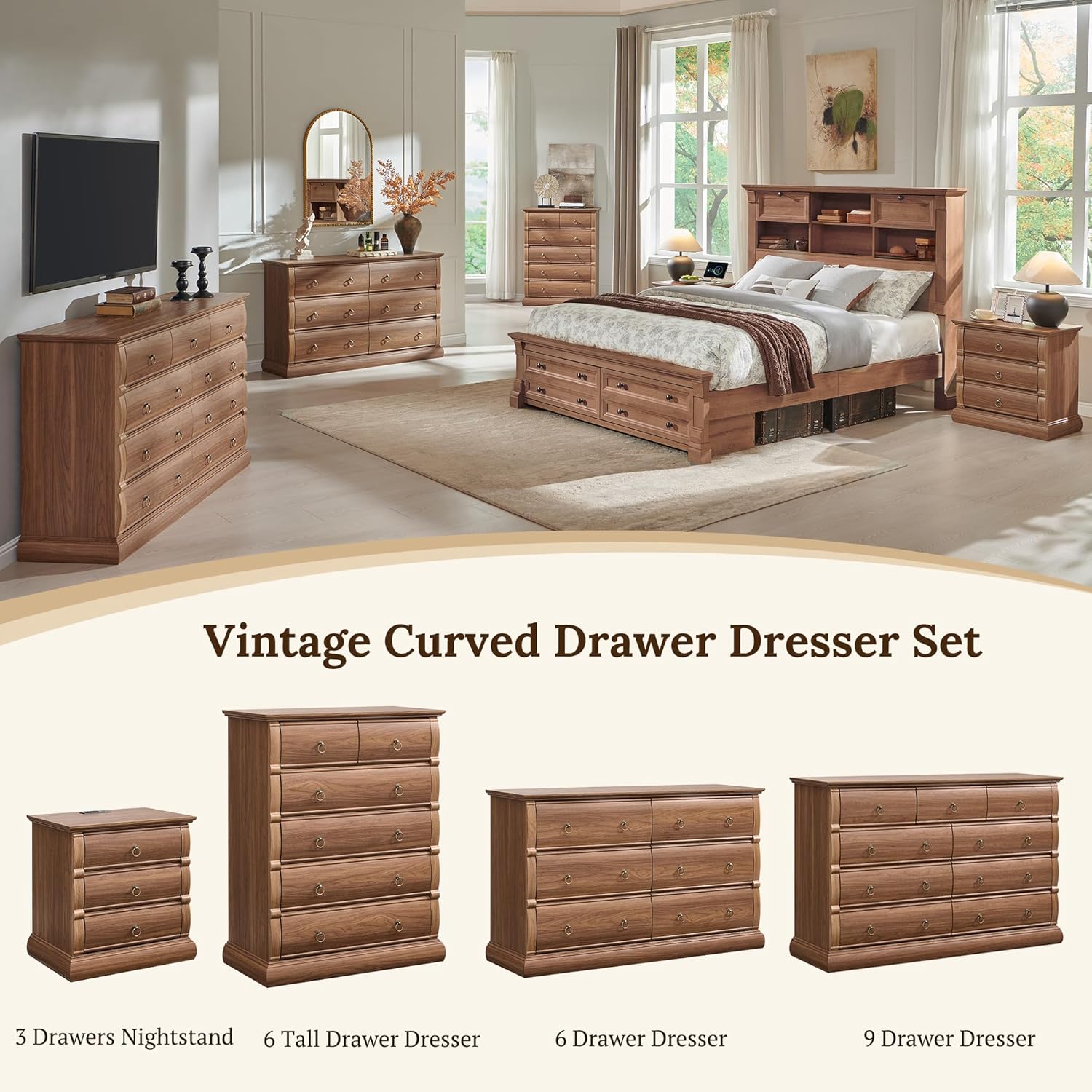 ACCOHOHO 22" Vintage Nightstand with 3 Curved Front Drawers & Retro Ring Pulls & Charging Station, Wood Bedside Table, End Table with Stable Base for Bedroom, Black Walnut Side Table