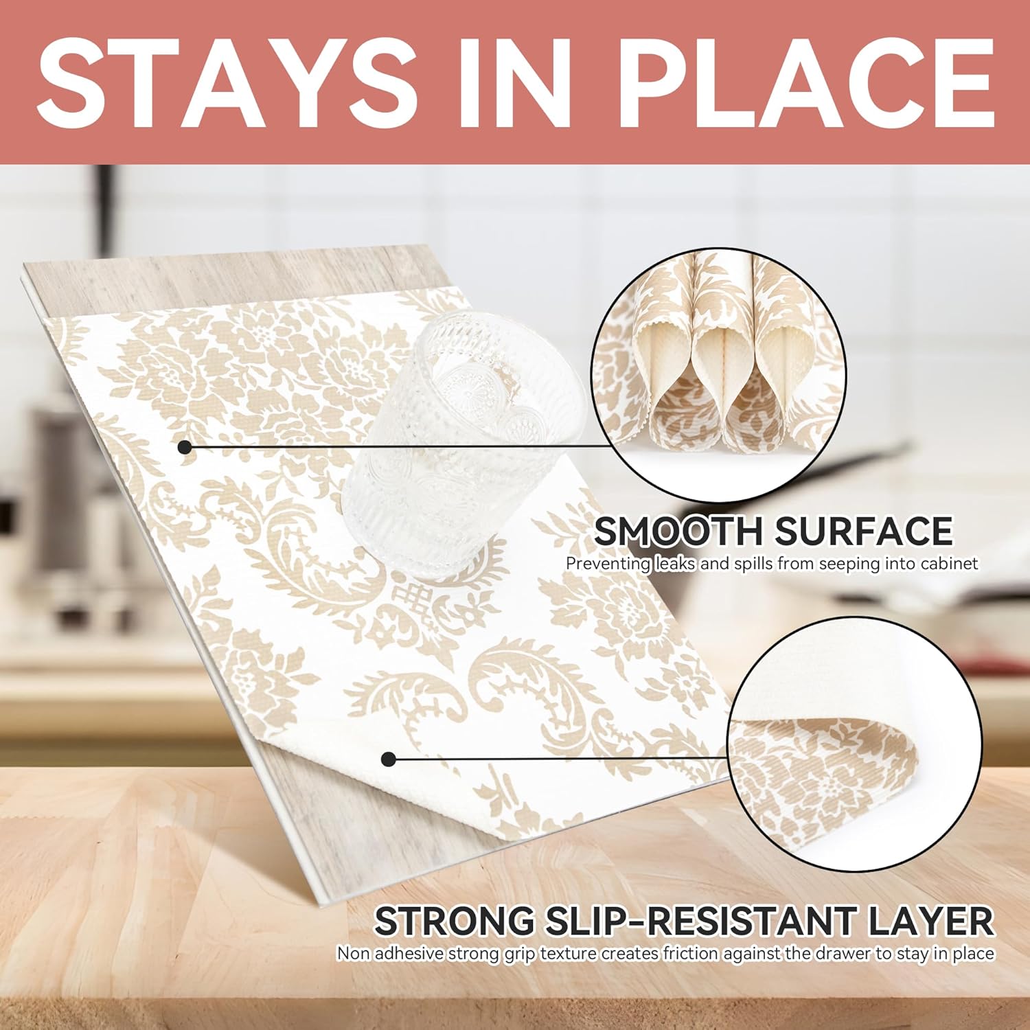 RAY STAR Cabinet Liner, 18 Inch x 24 Feet Shelf Paper for Kitchen Cabinets Non Adhesive Non Slip Grip Bottom Removable Shelf Liner Waterproof Vinyl Mat for Pantry Drawer Under Sink (Gold Damask)