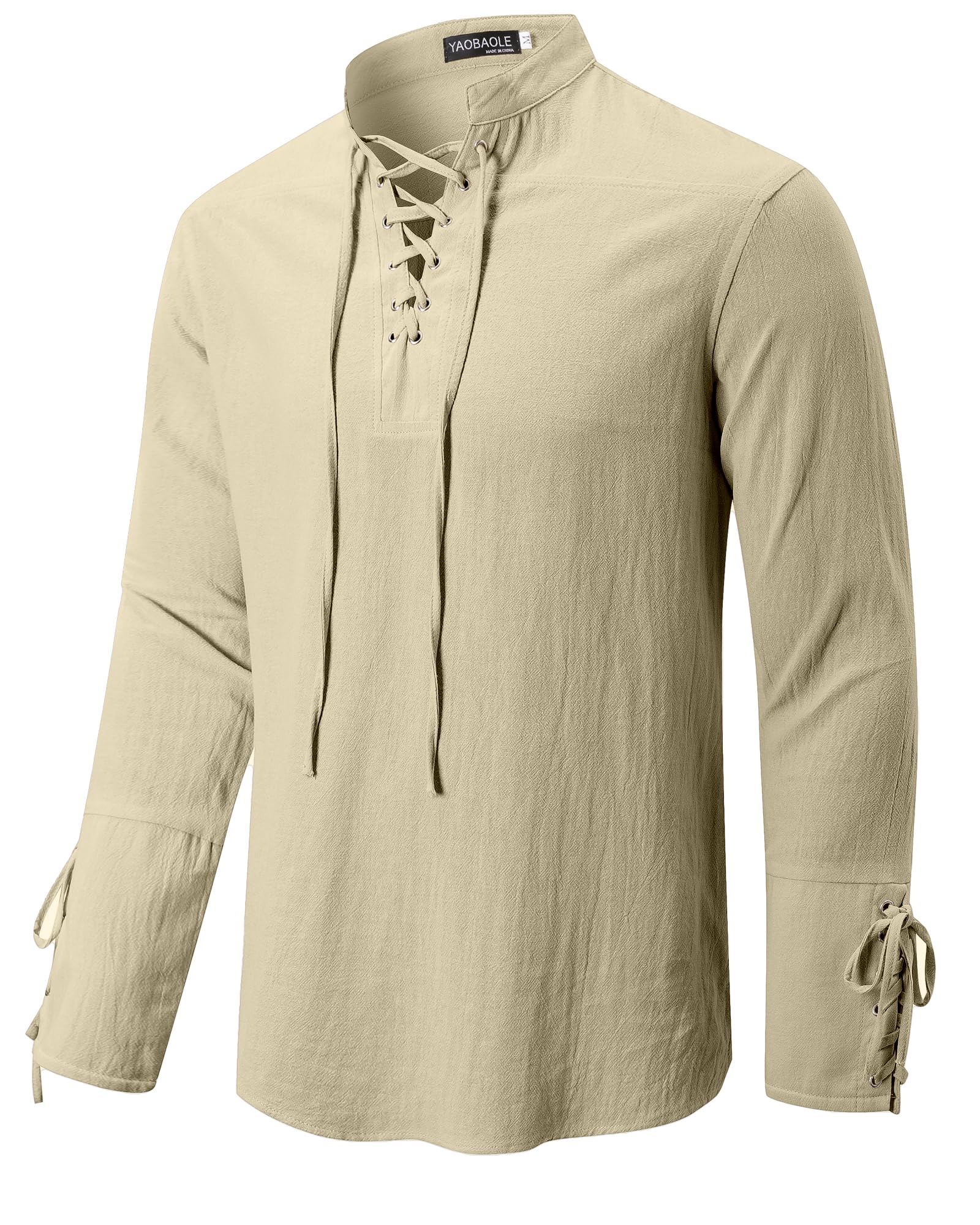 YAOBAOLE Mittelalter Hemd Herren Leinen Langarm Schnürhemd mit Stehkragen, Vintage Piratenstil für LARP, Festival & Alltag