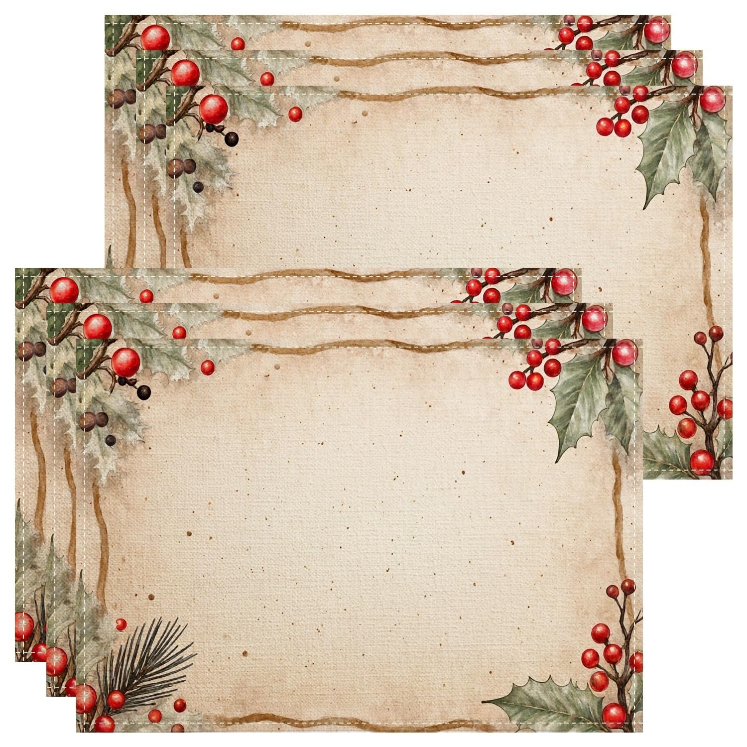 Christmas Berry and Holly Placemats, Rustic Botanical Place Mats for Dining Table, Winter Holiday Non-Slip Washable Indoor Outdoor Kitchen Party Decorative Placemat Set of 6