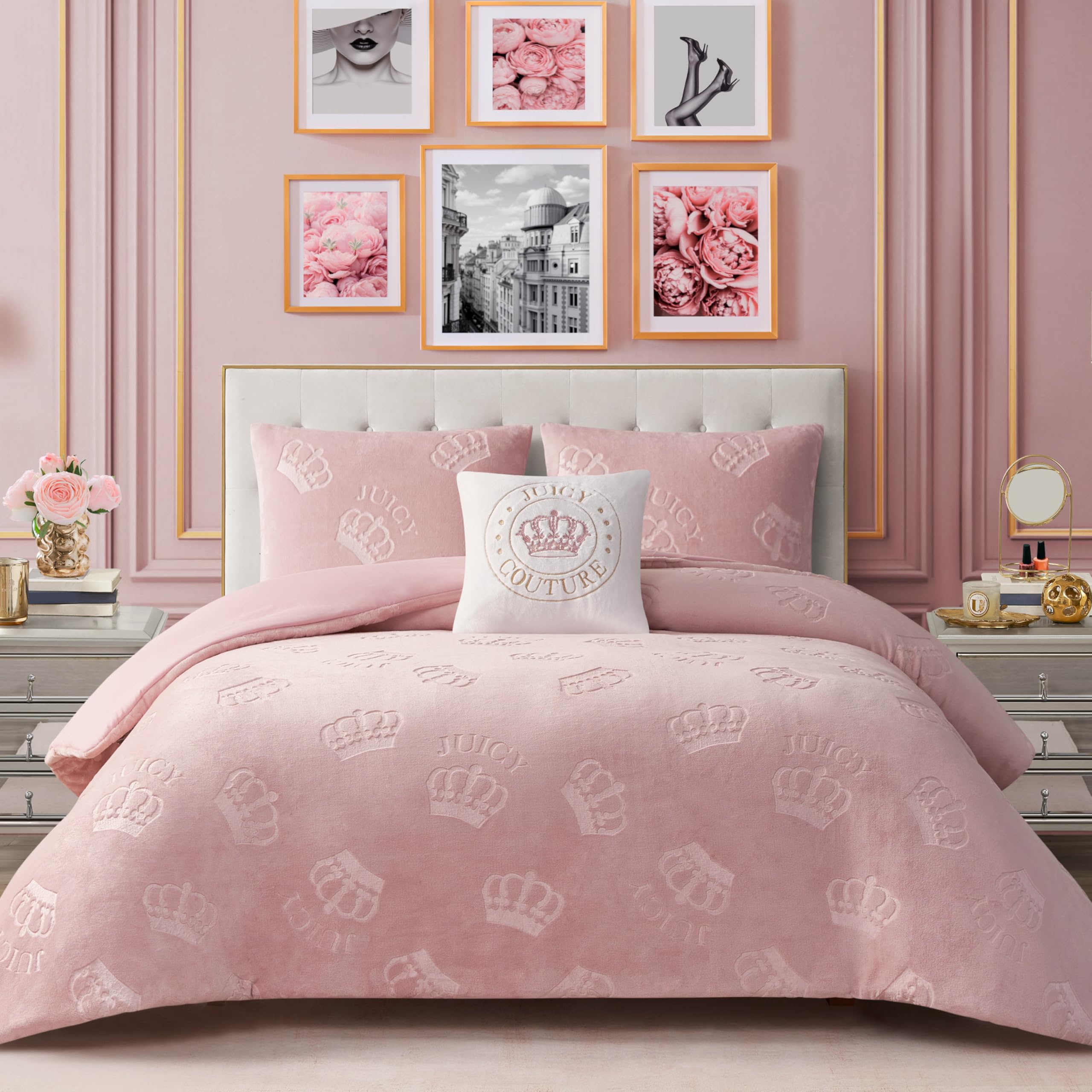Juicy Couture Plush Reversible Embossed Crown 4-Piece King Comforter Set with Decorative Pillow, Light Pink
