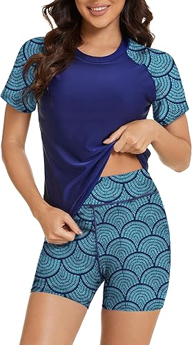 Bonneuitbebe Traje de baño de 2 piezas para mujer con camiseta de protección solar (rash guard) de manga corta UPF 50+, sostén integrado y
