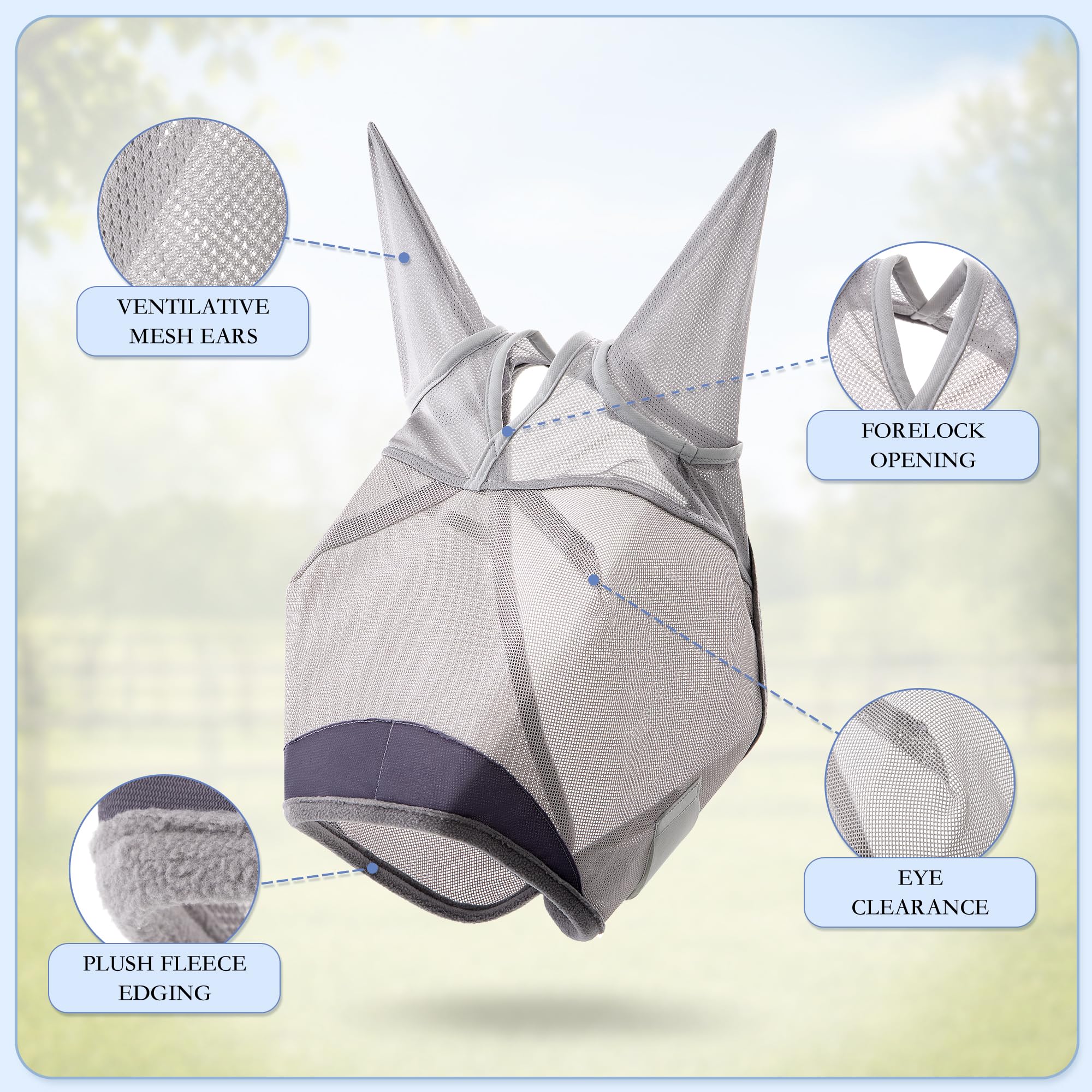 Horse Fly Mask with Ears - UV Protection Fine Mesh Super Comfort Fly Masks for Horses, Adjustable Breathability Horses Masks, Pony Equine Fly Mask for Miniature Foal Draft Cob Srabian Full (Gray, L) - image 6