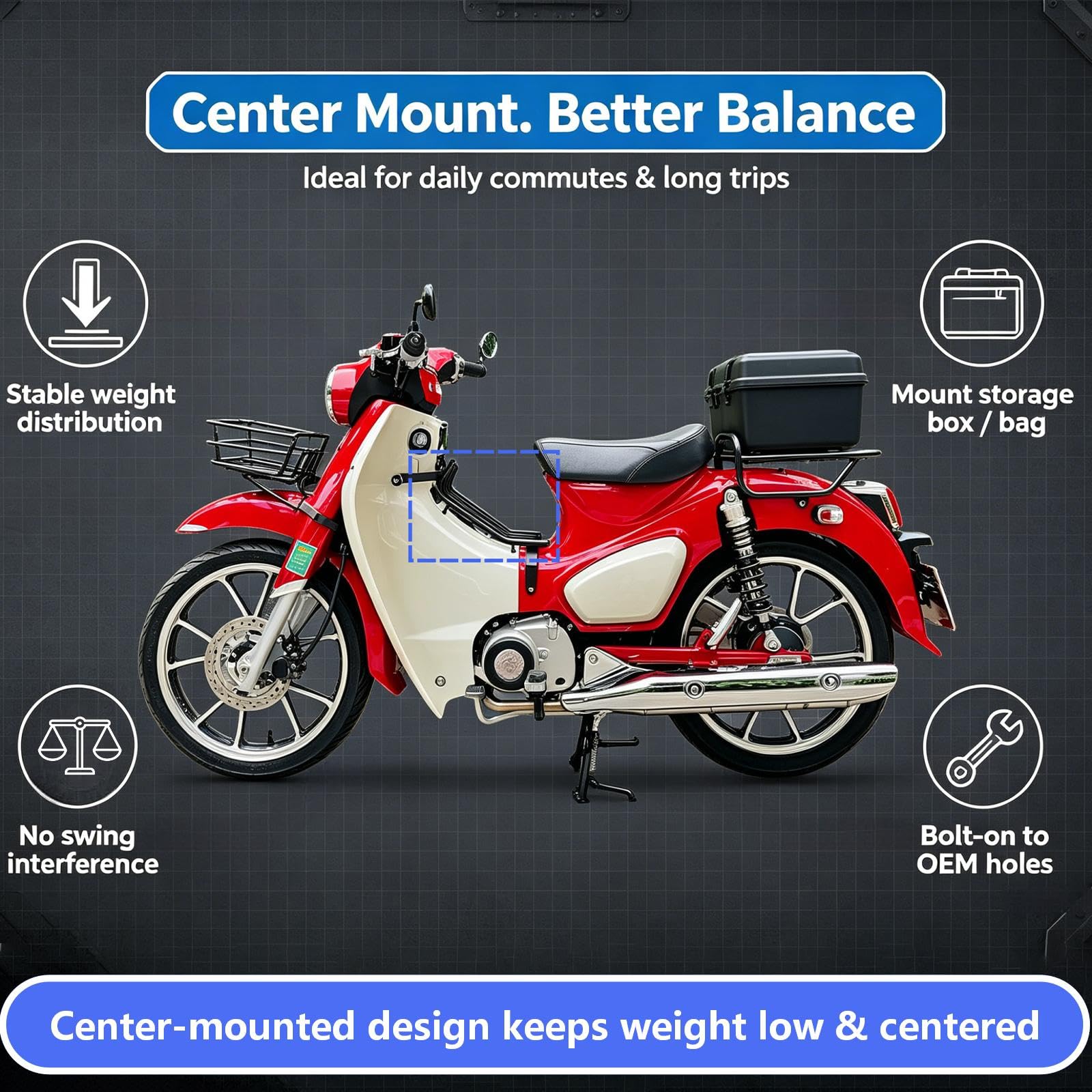 Portapacchi per moto compatibile con Honda Super Cub C125 2018-2025 (JA48/JA58/JA71) - Nero Portapacchi centrale per moto Cub C125 Accessori