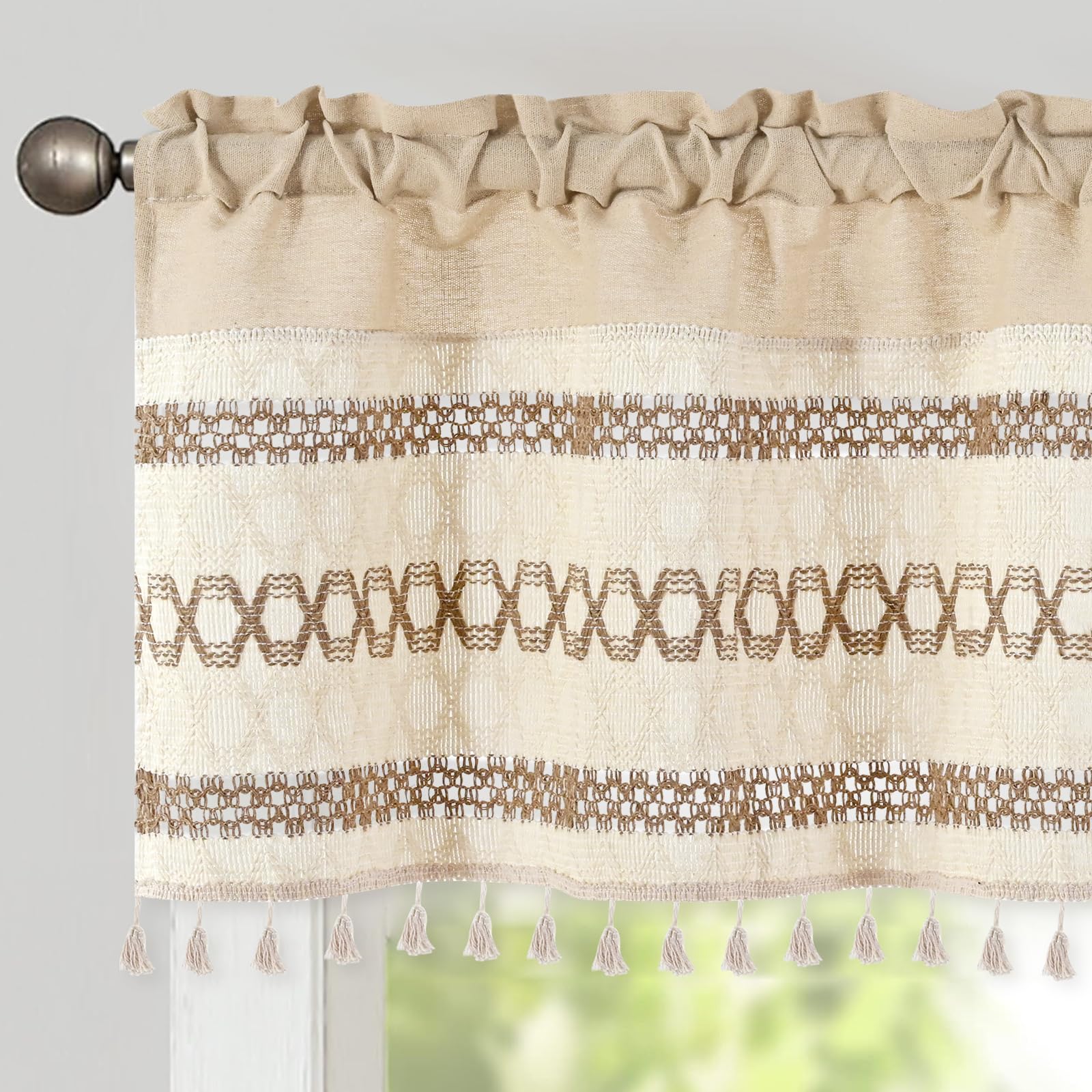 FRAMICS Farmhouse Valance for Windows Linen Valance for Kitchen Boho Crochet Short Curtain with Tassel Country Kitchen Curtain Light Filtering Rod