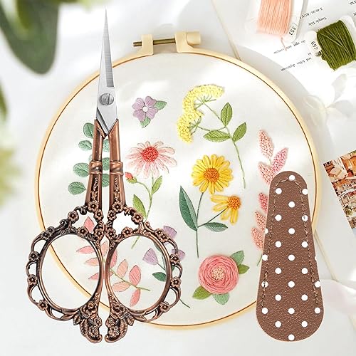 Tijeras de costura bordadas de estilo vintage con funda de piel sintética, tijeras pequeñas de precisión de 4.5 pulgadas para hilo de artesanía y