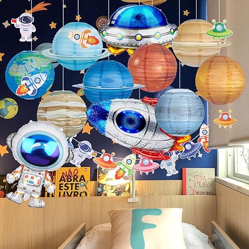 Miniatura 4 de Linternas de papel para decoración de fiesta, linternas de papel planetarias, 14 piezas de suministros colgantes para fiestas temáticas de niños,