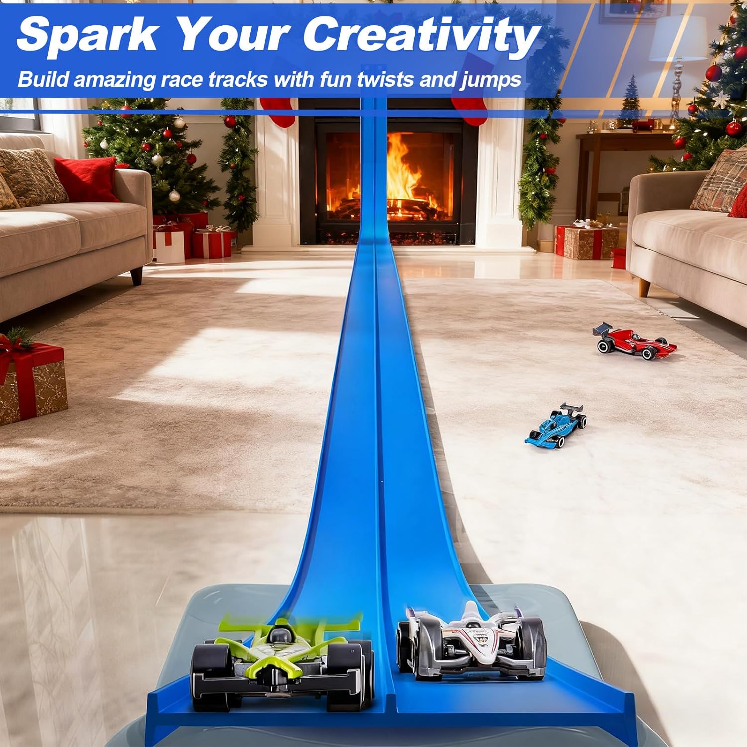 15 Ft Flexible Race Track for Kids, Two-Lane Flex Blue Track for 1:64 Diecast Cars, Includes 6 Suction Cups & 1 Rope, Portable Design, Birthday Gift for Boys & Girls Ages 3-8 (Cars Not Included)
