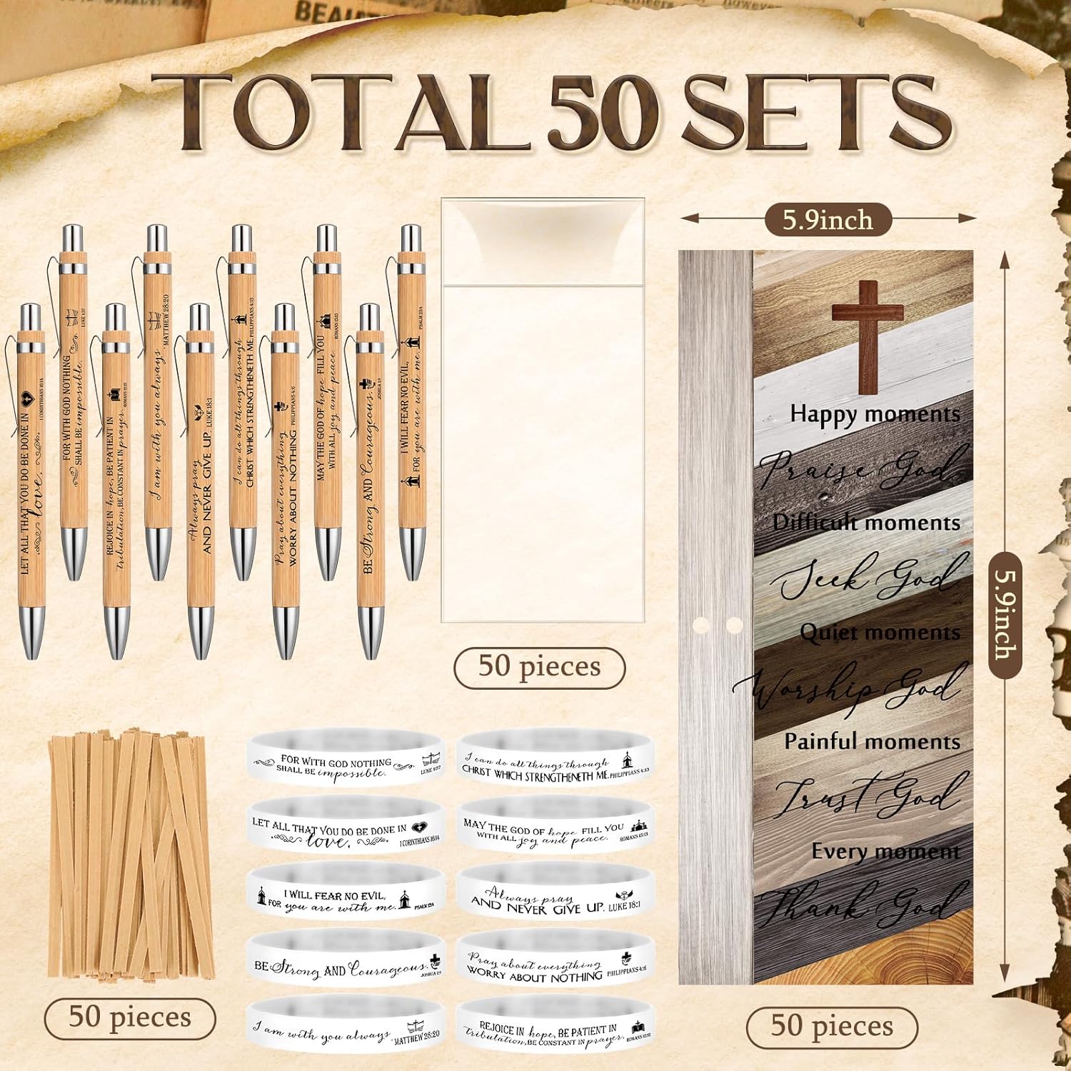 Spakon 50 Sets Christian Mothers Day Gifts Bulk Bible Verses Pens Christian Silicone Bracelets Religious Paper Bookmarks for Women Men Sunday School Church Priest Fathers Day (Glow Style)