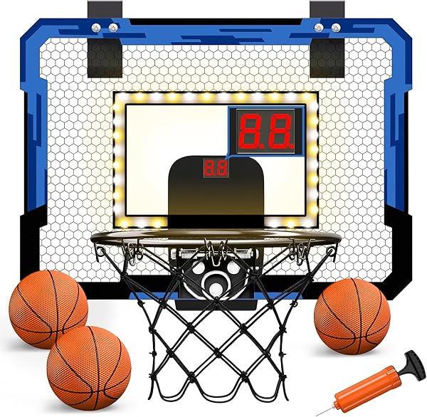 QDRAGON Mini Basketball Hoop with Scoreboard/LED Light, Glow in The Dark Over The Door Basketball Hoop Indoor, Toy Gifts for Kids/Adults/Boys/Girls