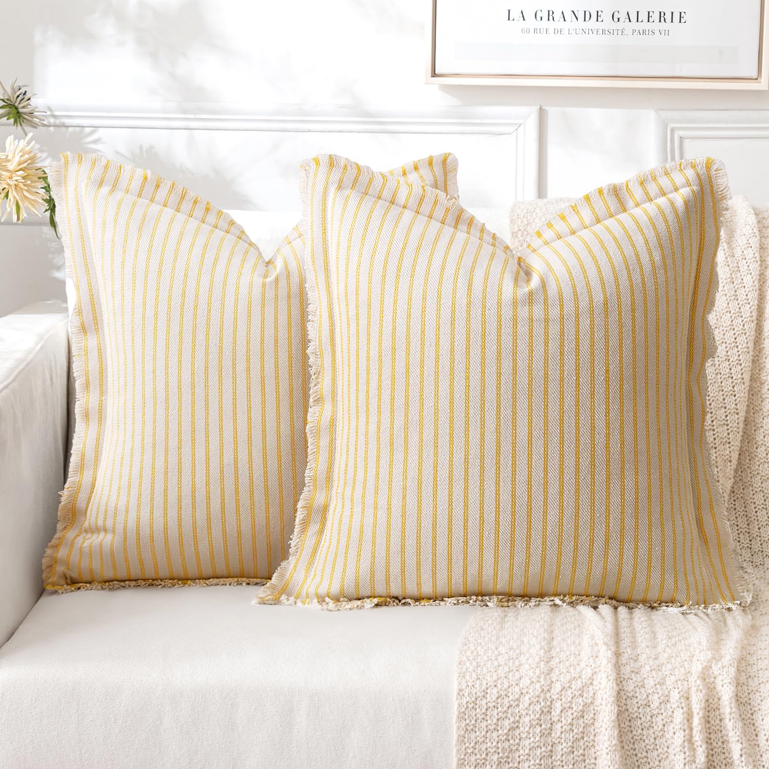 MIULEE Pack of 2 Yellow Pillow Covers 18x18 Inch Striped Farmhouse Couch Spring Throw Pillow Covers with Fringe Chic Cotton Decorative Cushion Covers