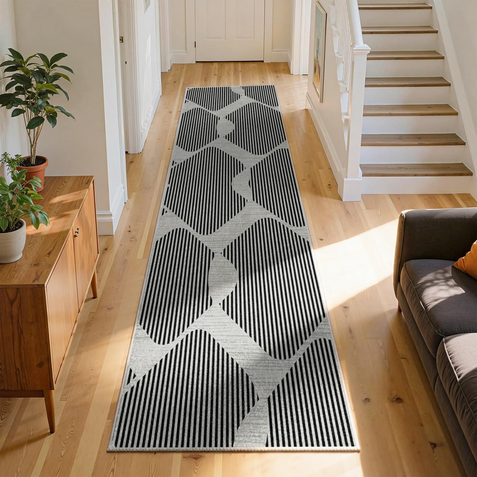 WAOTMN Modern Short Pile Rug Runnner,60x150cm,Geometric Pattern Black and Grey Carpets Runner Kitchen Washable Rubber Backed Rugs Non Slip Hall Runner Rug for Bedroom Balcony Corridor — image 1