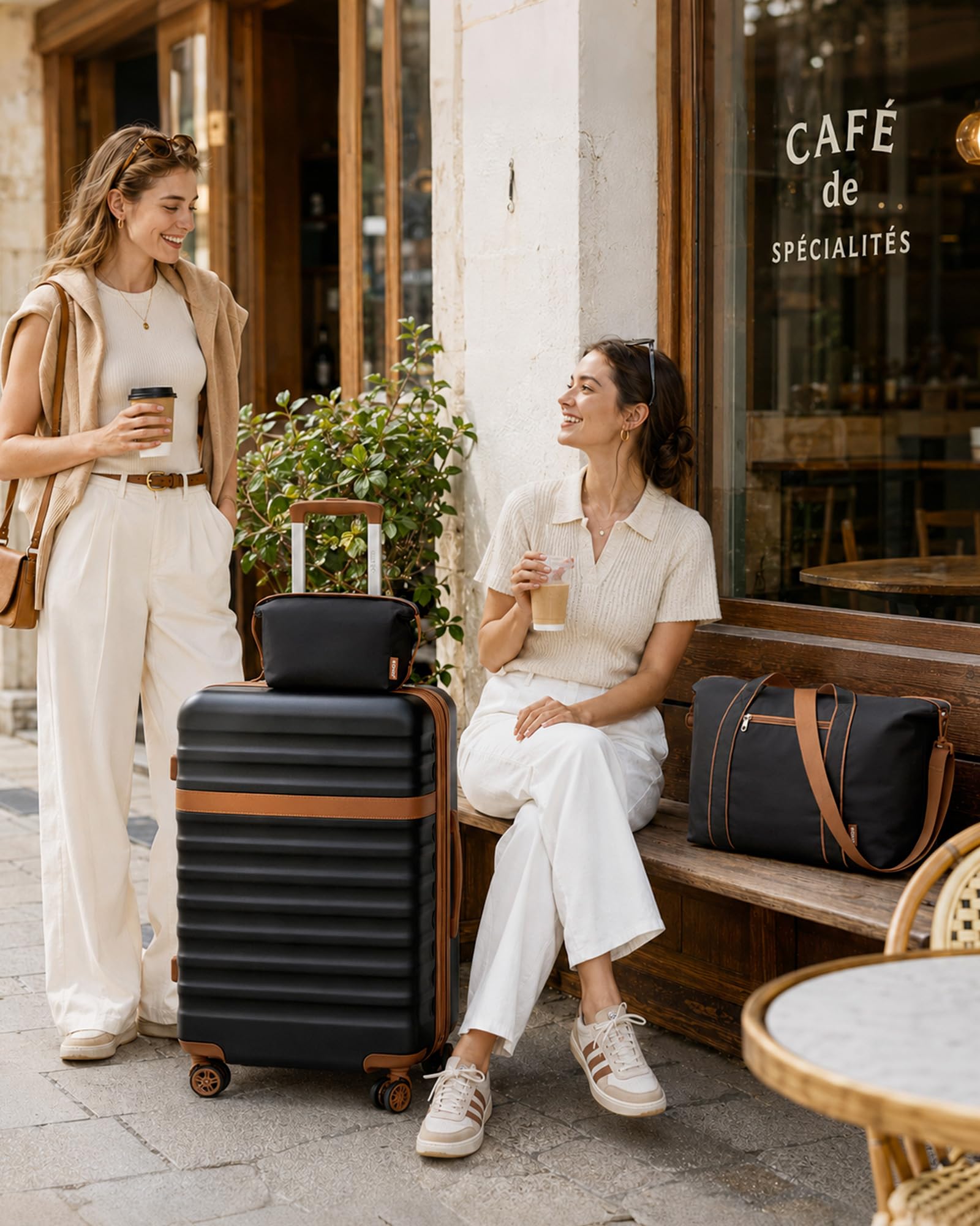 KONO Reisekoffer Set 3-teilig, Erweiterbar Hartschalenkoffer Mittelgroß mit 4 Rollen und TSA Schloss, leichte ABS+PC Trolley inkl Reisetasche und Kulturbeutel, ideal für Geschäftsreise, Schwarz/Braun