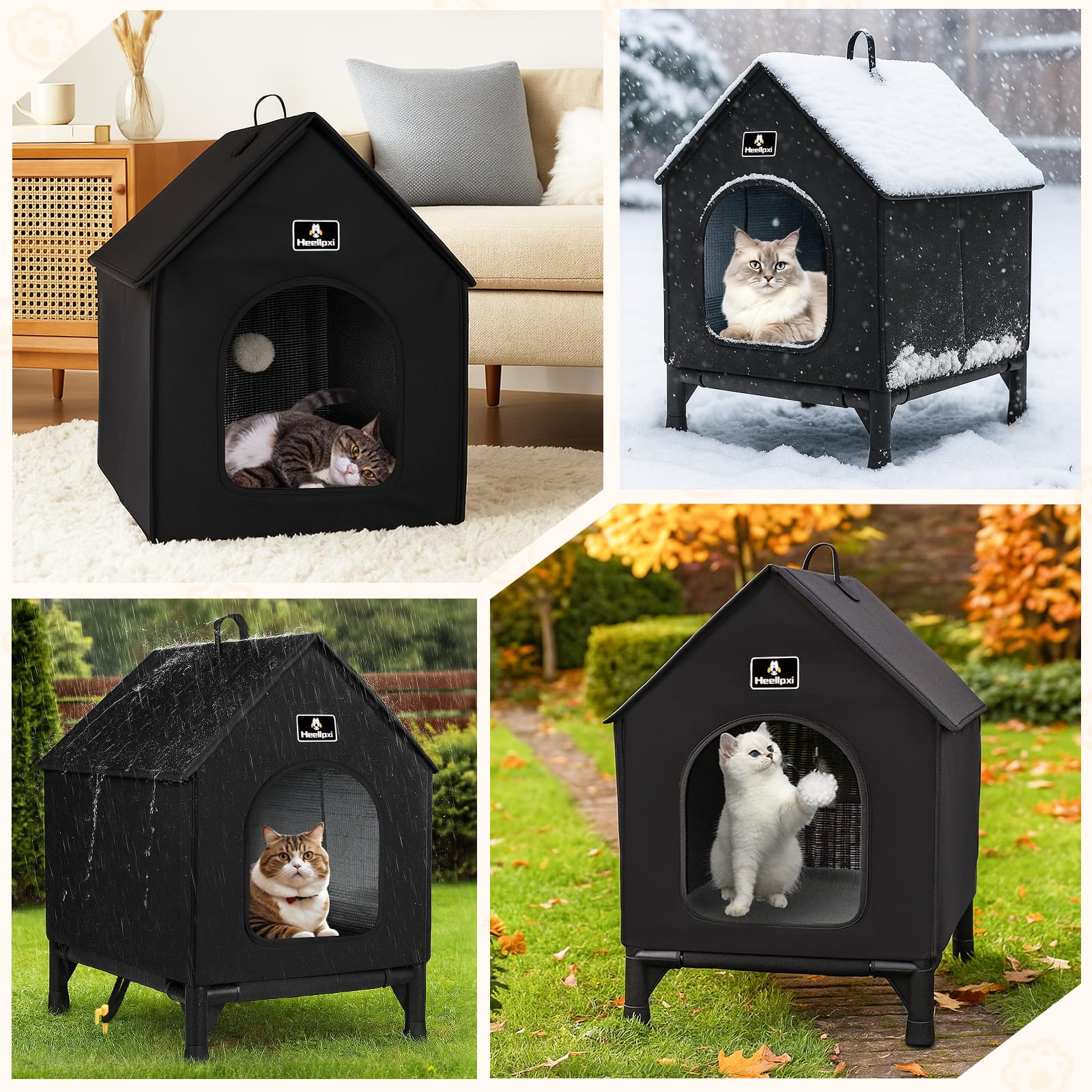 Niche d'extérieur pour chat avec feuilles isolantes, abri d'hiver résistant aux intempéries avec tapis amovible, abri d'hiver intérieur/extérieur