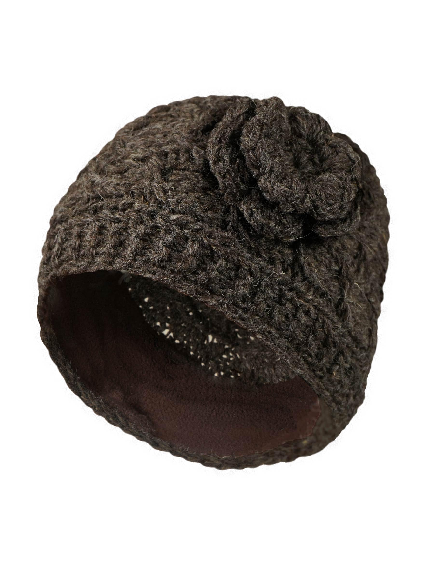 Pachamama Women Wool Beanie Hat Handknitted Cable Knit Hand Crocheted Flower Bark One Size Handmade Extra Warm Fair Trade