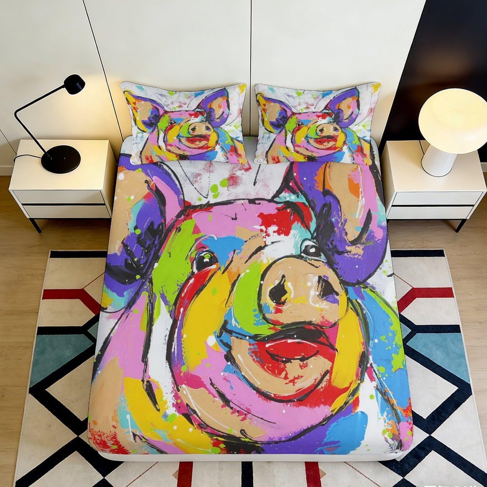3D Printed Colorful Pig Art Fitted Sheet Microfiber Non Slip Mattress Cover for Bedroom Dorm Machine Washable 120x200x25cm