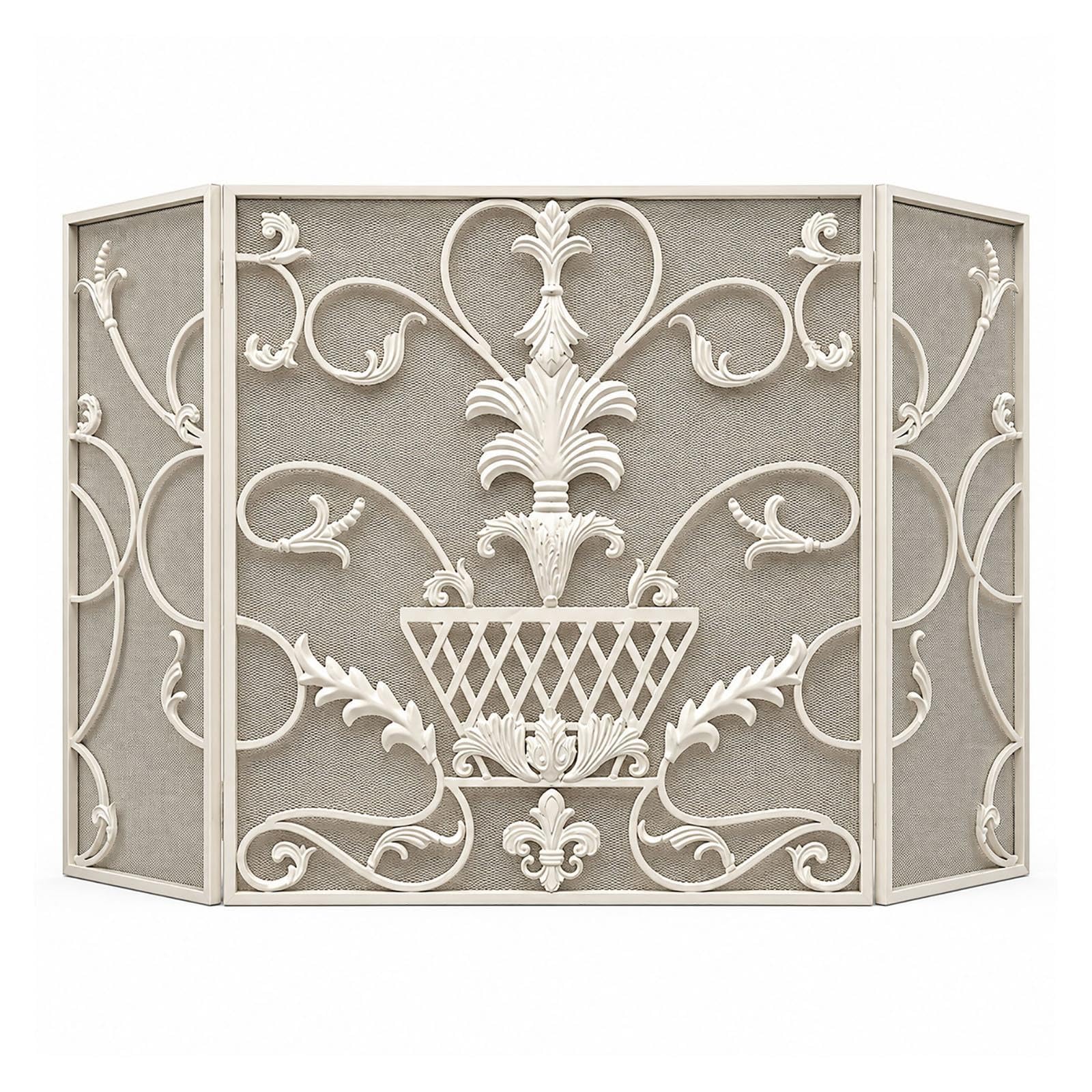 Pare-étincelles à 3 Panneaux pour Cheminée, Protection Métal Blanc Antique