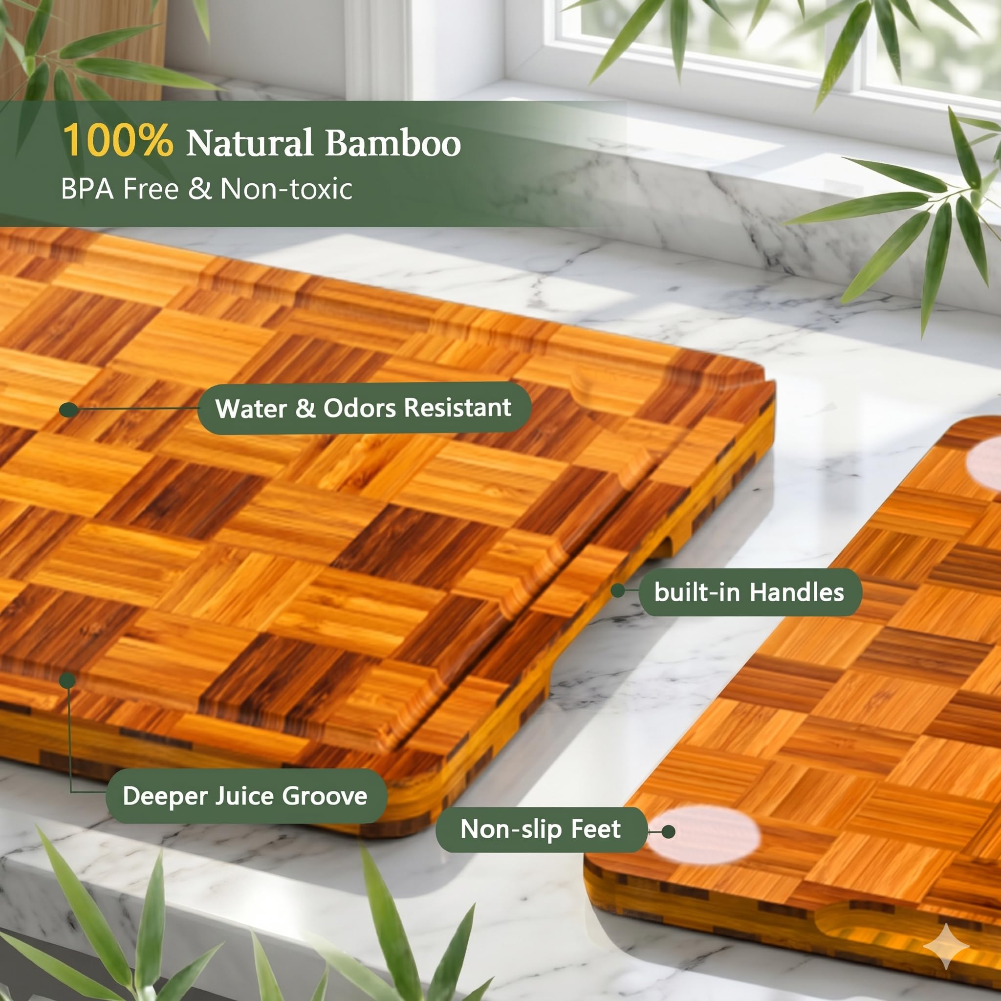 BAMBANG Schneidebrett Set Holz,Schachbrettmuster Hackblock Stirnholz Schneidebretter Bambus,Holzbrett Küche Messerschonendes Holzschneidebrett Bamboo Groß für Fleisch Gemüse