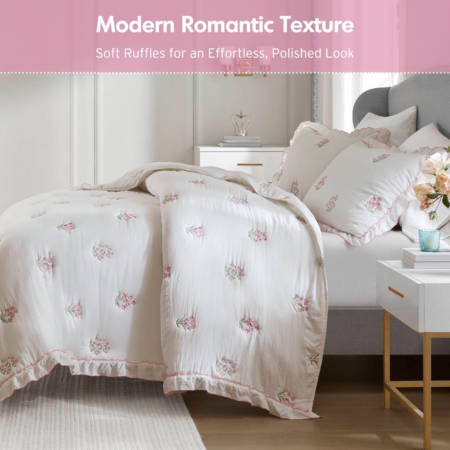 Intelligent Design Aglaia Full/Queen Pink Floral Ruffle Quilt, Modern Farmhouse Cottagecore Bedding, Ultra Soft All-Season Quilt Set with 2 Pillow Shams