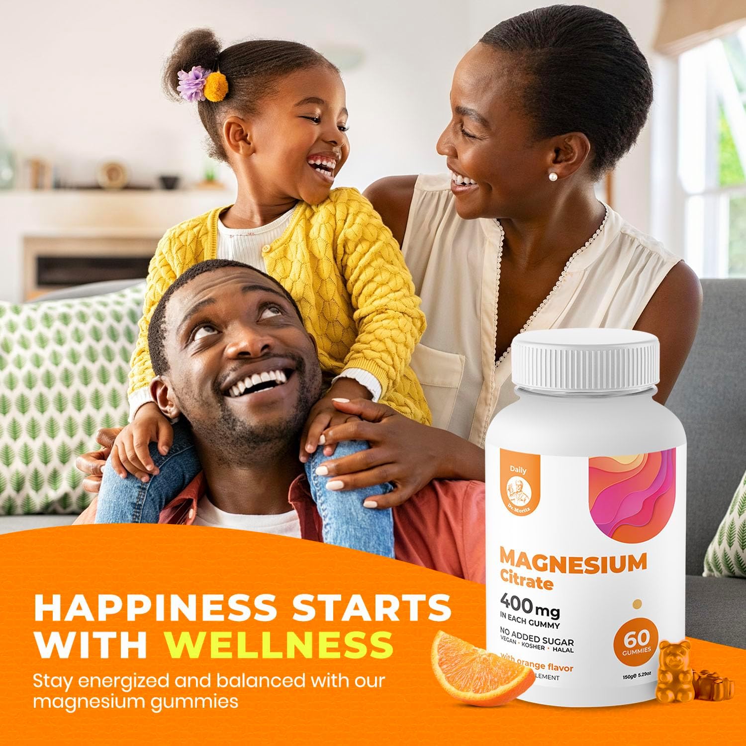 DR. MORITZ Magnesium Gummies Sugar-Free - Calm Magnesium Supplement for Children, Sugar-Free Magnesium Citrate Gummies for Kids & Adults 400mg (Orange Flavor-120 Count)