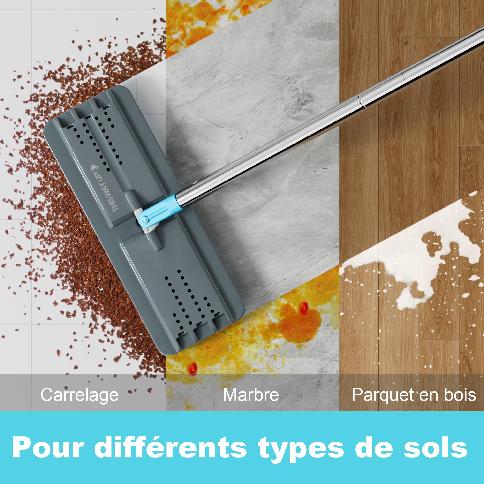 JOYMOOP Ensemble Mopa Et Seau avec Essoreuse, 5 Tampons Microfibre Réutilisables, pour Sols Et Murs, Mopa Mains Libres Usage Domestique - Gris + Bleu Cyan