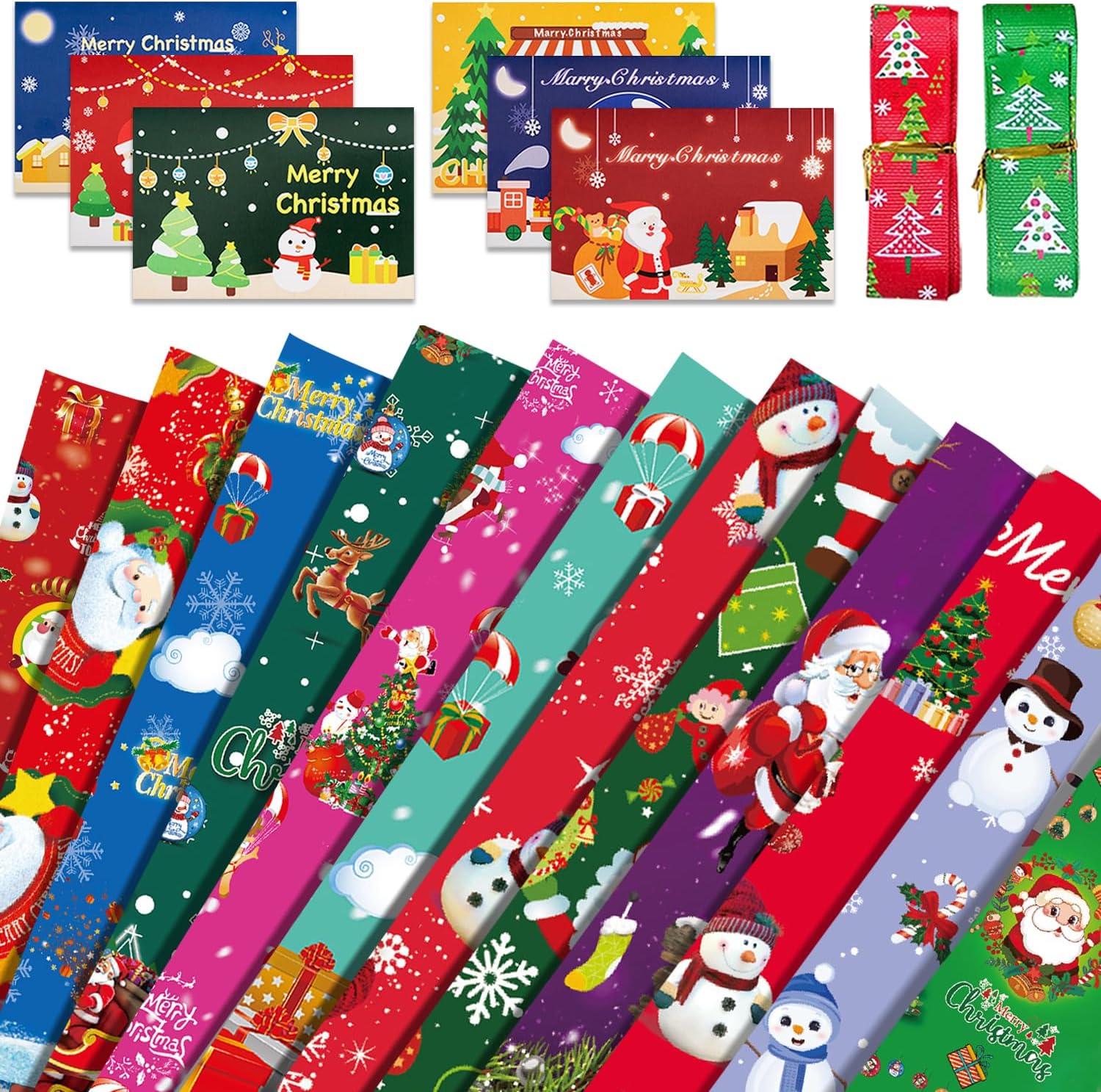 Yoawllty Christmas wrapping paper set, 12 sheets Christmas wrapping paper 20 x 29 inches with 6 Christmas cards and 2 Spools of Ribbons