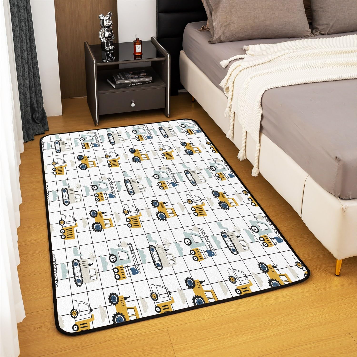 Tappeto da costruzione 150 x 200 cm, set di tappeti decorativi per bambini, per ragazzi e ragazzi, veicoli da costruzione, soggiorno, escavatore, trattore, quadri, griglia bianca, tappetino per