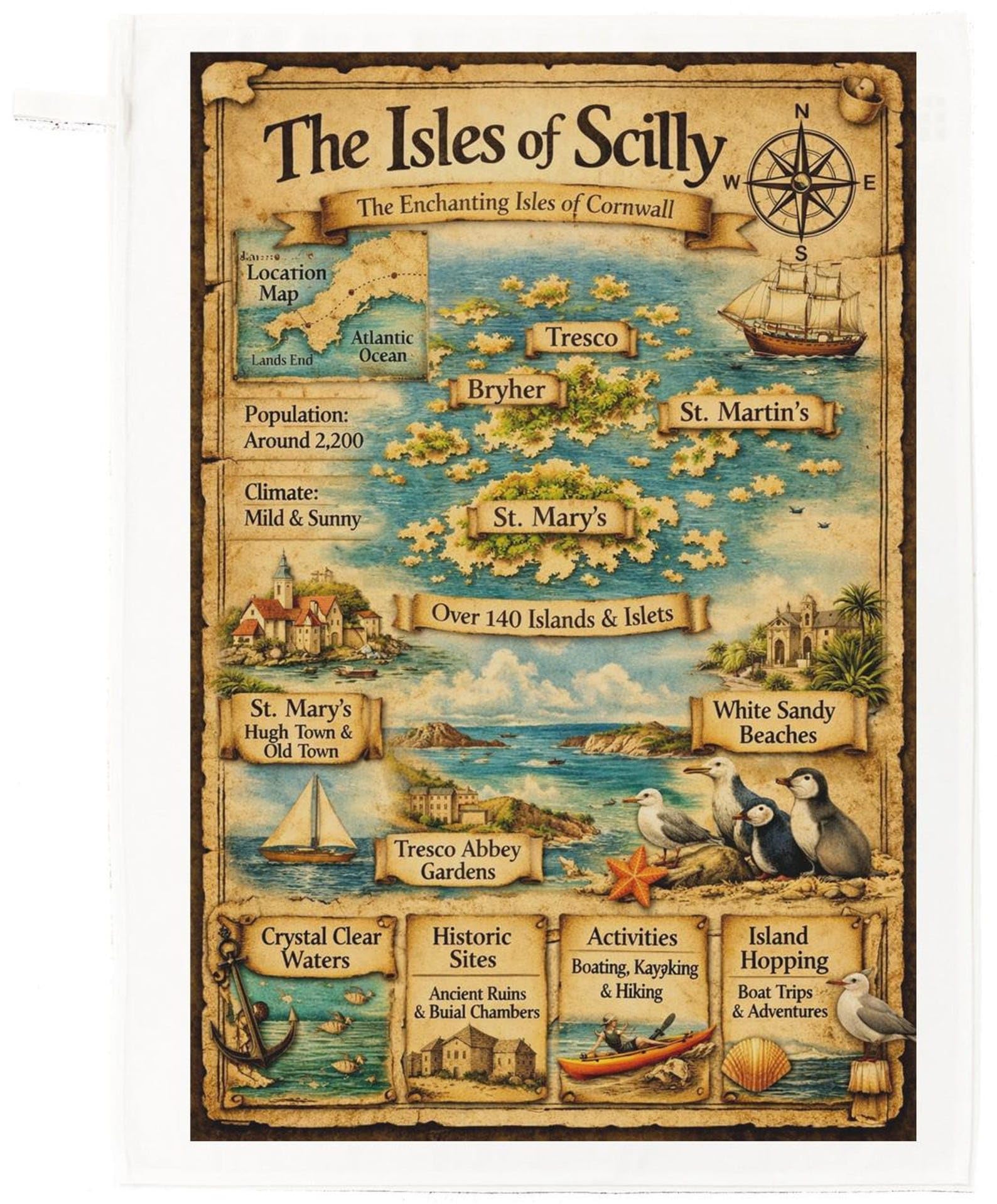Half A Donkey White Isles Of Scilly Cotton Large Tea Towel – Illustrated Map Of Cornwall Islands, Vintage Parchment Design