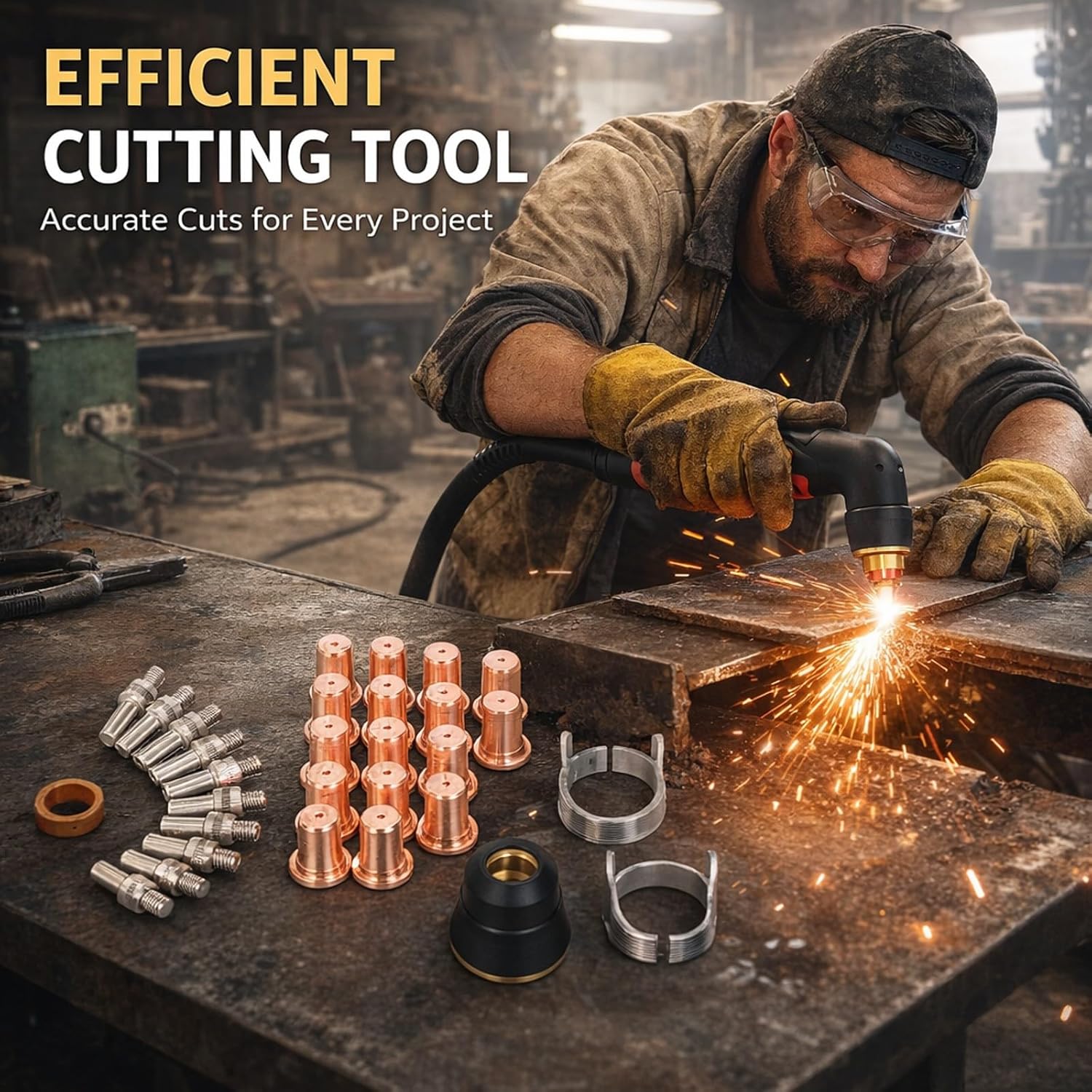24PCS Cutting Torch Consumables Set, Plasma Cutter Electrode Nozzles, Protective Cover and Stand Off Guide - Durable Brass Construction, Easy Maintenance, Wide Compatibility