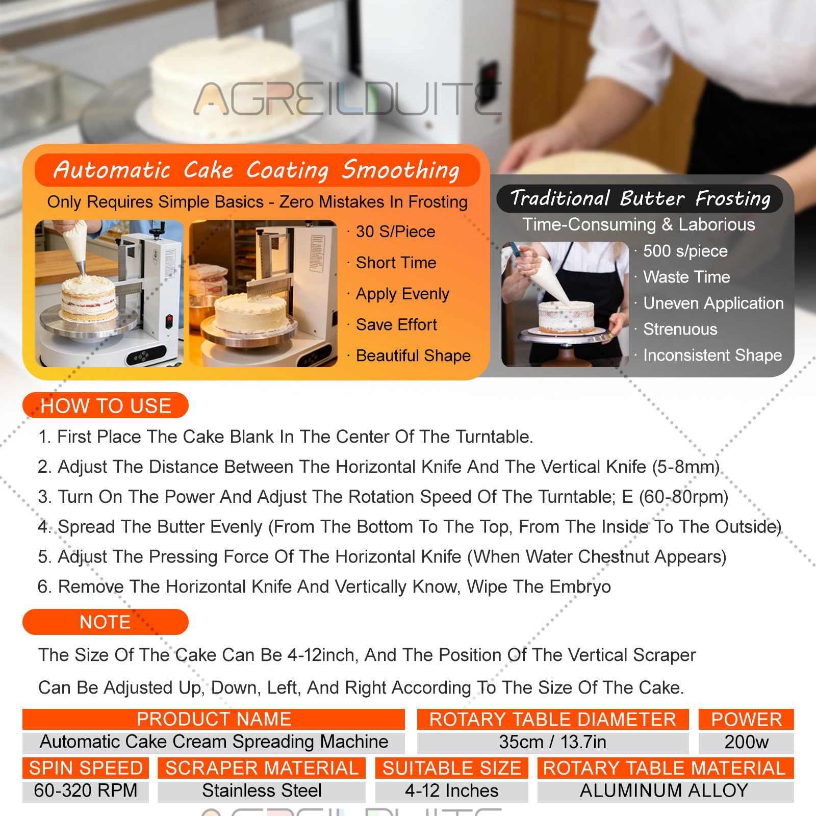 Tocadiscos automáticos para extender crema para tartas, herramienta de decoración de pasteles de 4 a 12 pulgadas con 9 raspadores de estilo para un revestimiento suave de crema de mantequilla