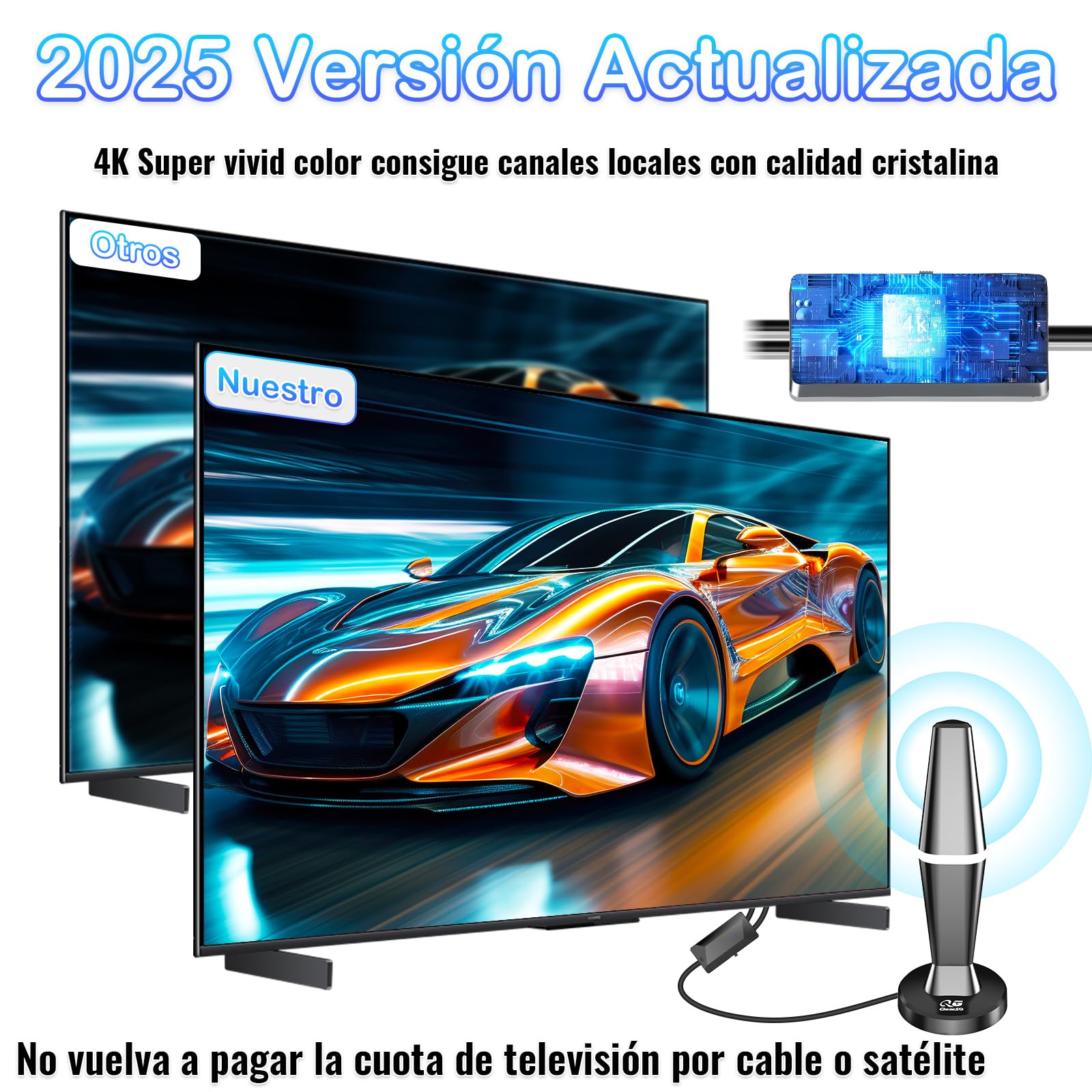 Antena TV Interior,2026 Antena de TV Interior con Amplificador, 460KM en recepción 360° Base magnética Resistente para, fácil instalación,admite Canales 4K/1080P, Puede Recibir señales DVB-T2 DVB-T