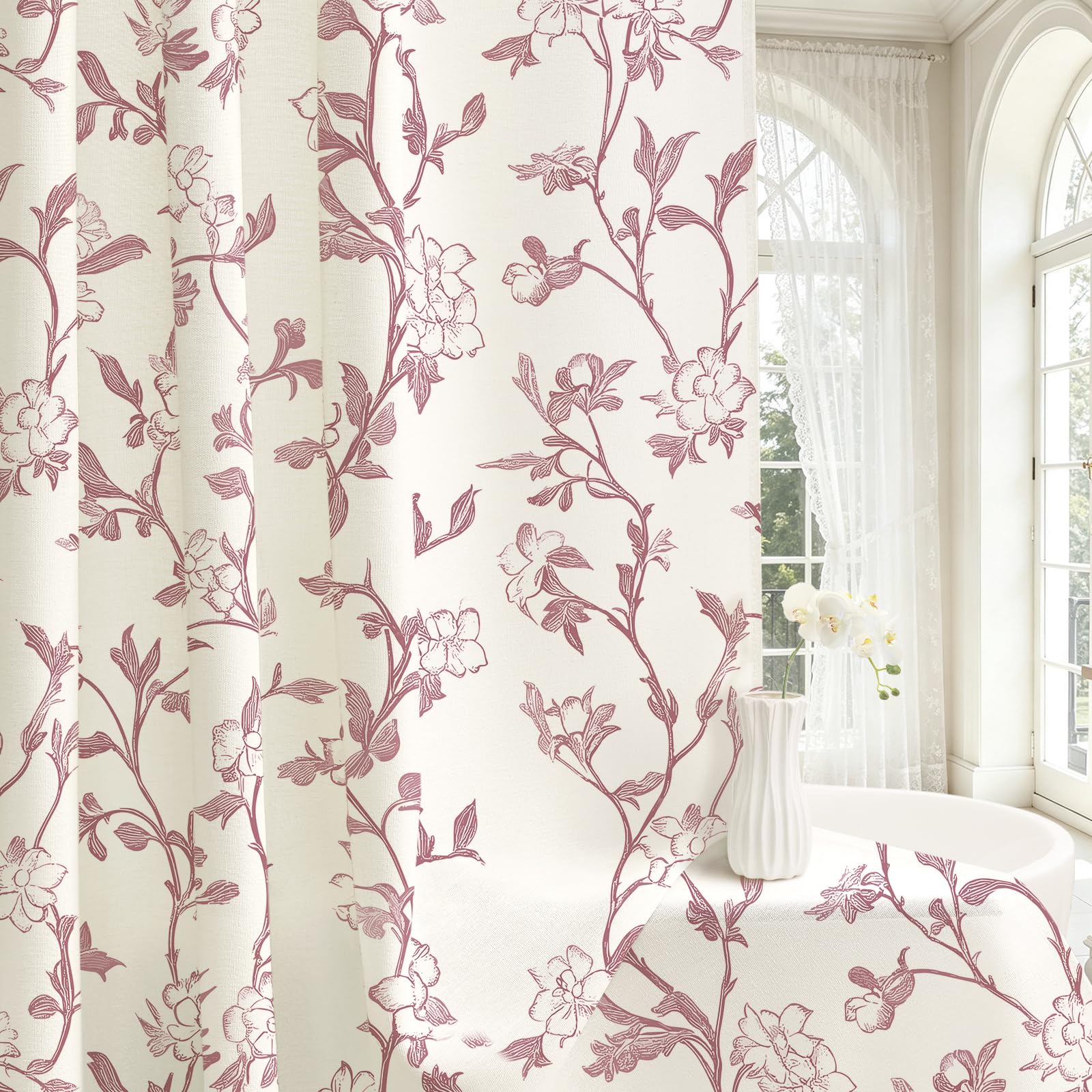 Burgundy Floral Cotton Shower Curtain, Cottage Farmhouse Style, 72x72
